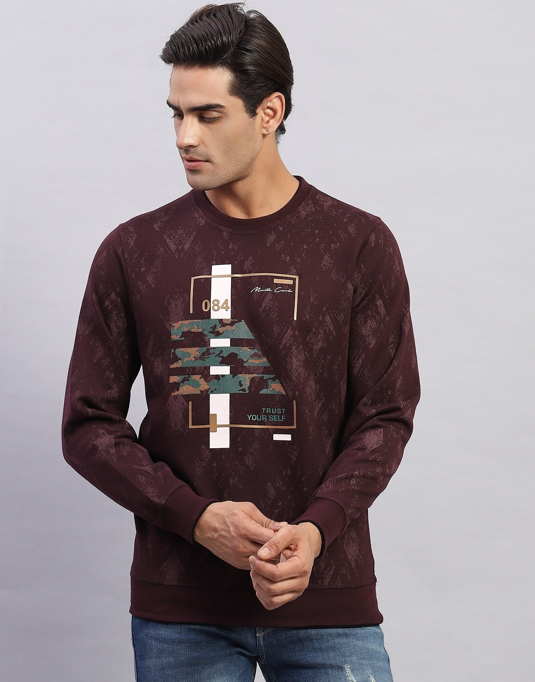 Men Maroon Printed Round Neck Full Sleeve Winter T-Shirt