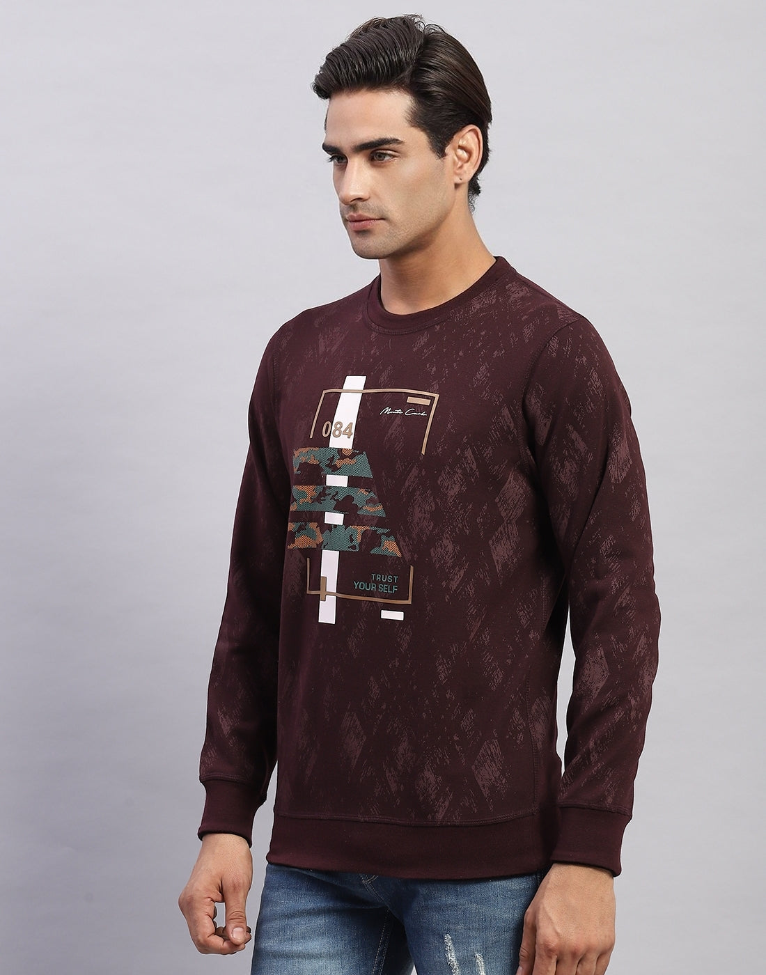 Men Maroon Printed Round Neck Full Sleeve Winter T-Shirt