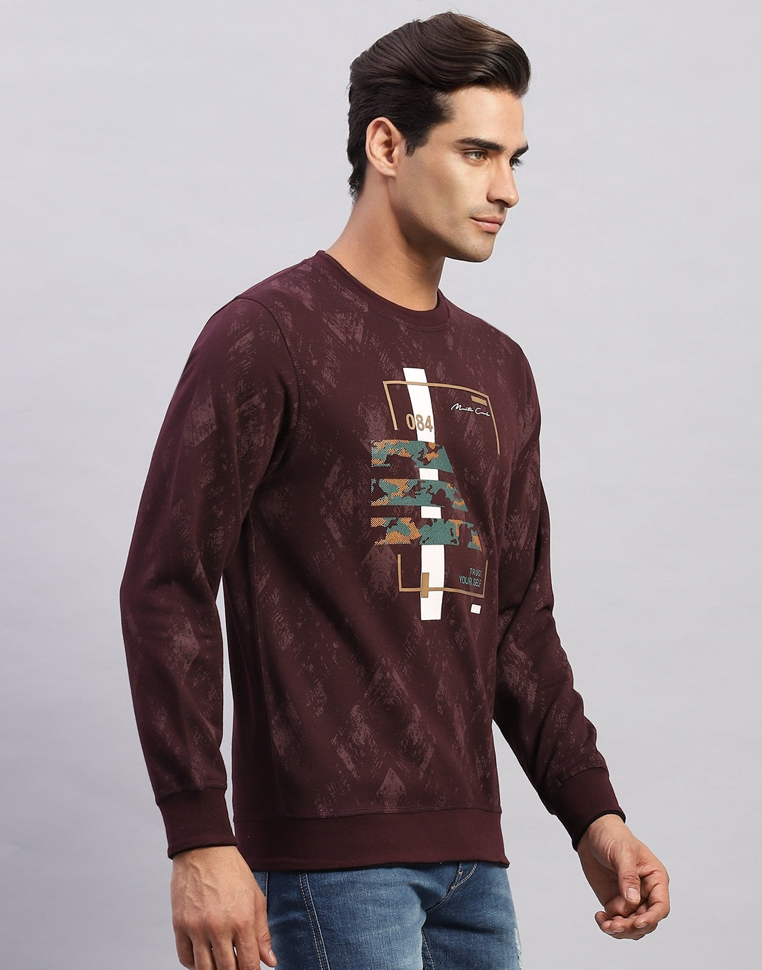 Men Maroon Printed Round Neck Full Sleeve Winter T-Shirt