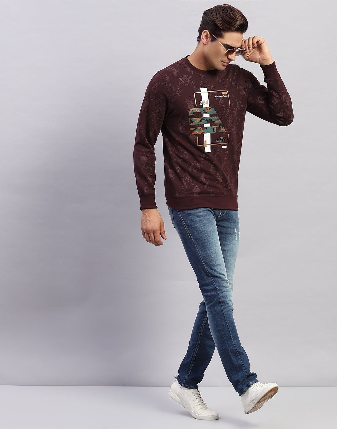 Men Maroon Printed Round Neck Full Sleeve Winter T-Shirt