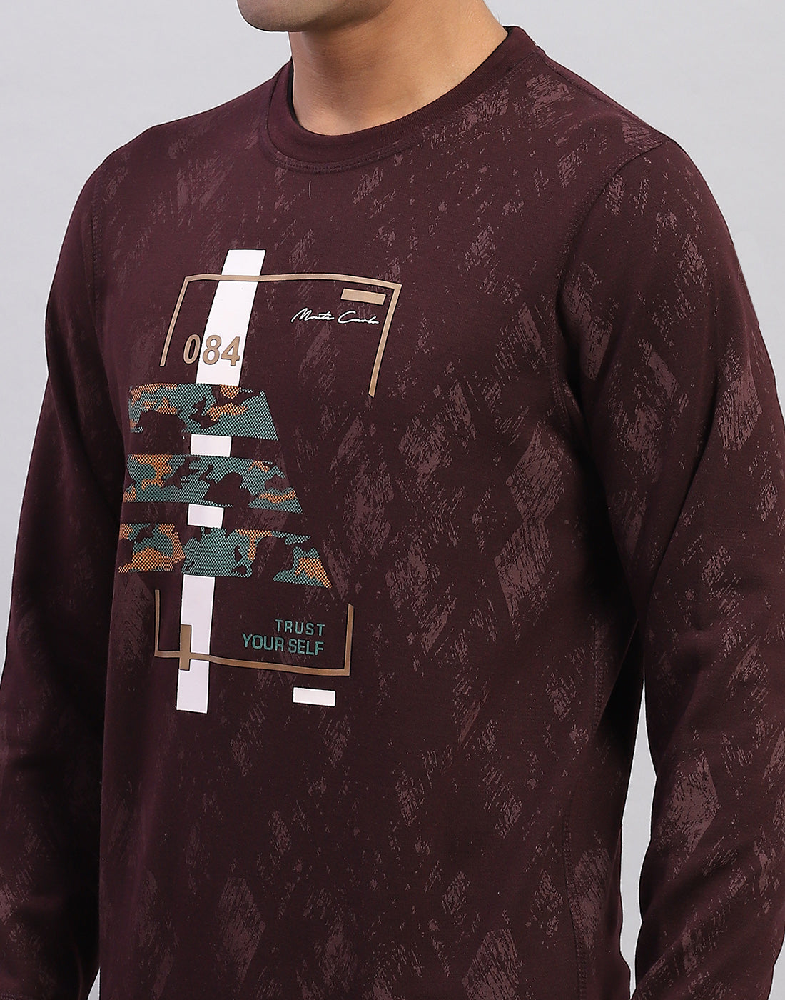 Men Maroon Printed Round Neck Full Sleeve Winter T-Shirt