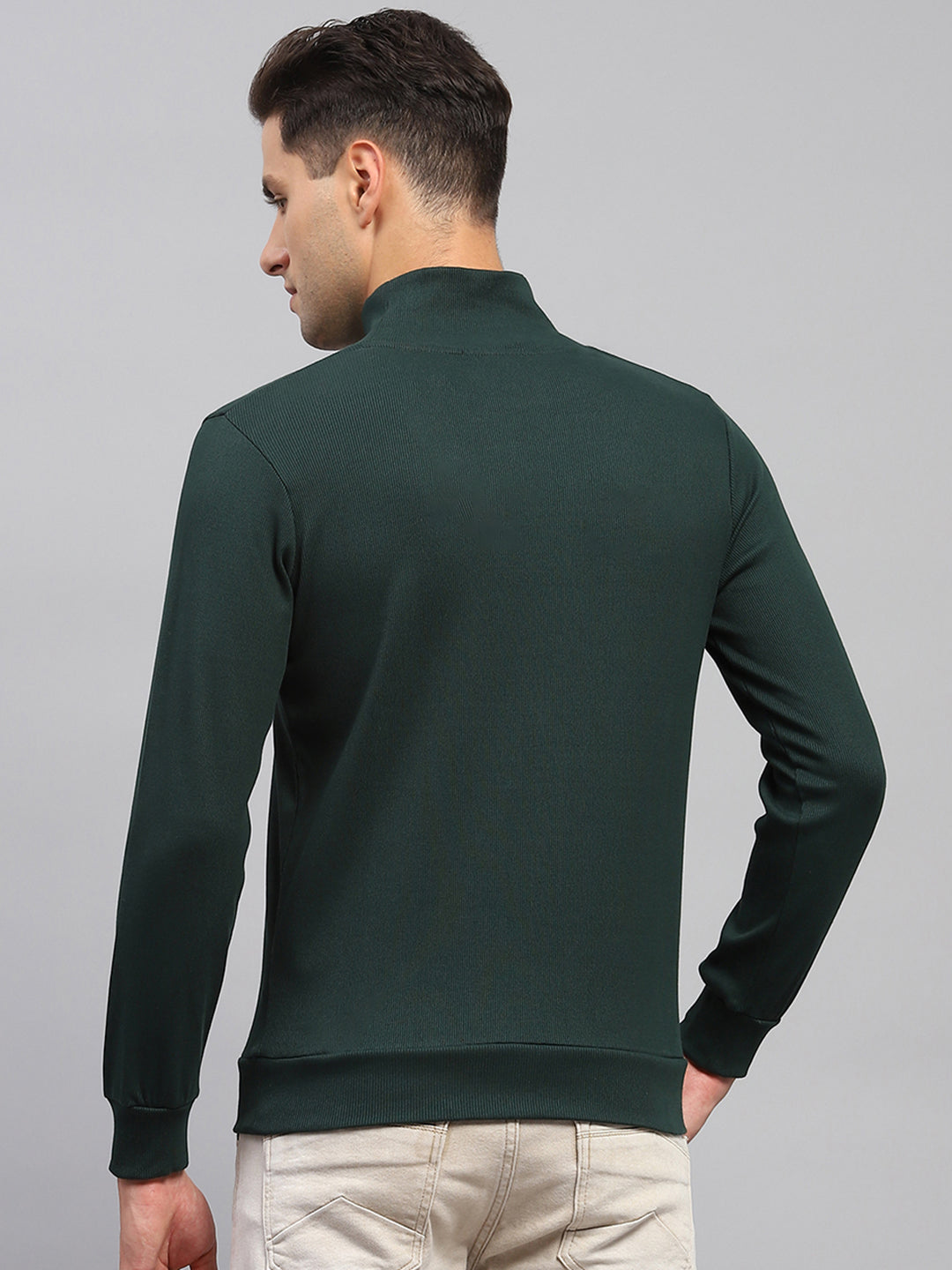 Men Green Solid High Neck Full Sleeve Sweatshirt