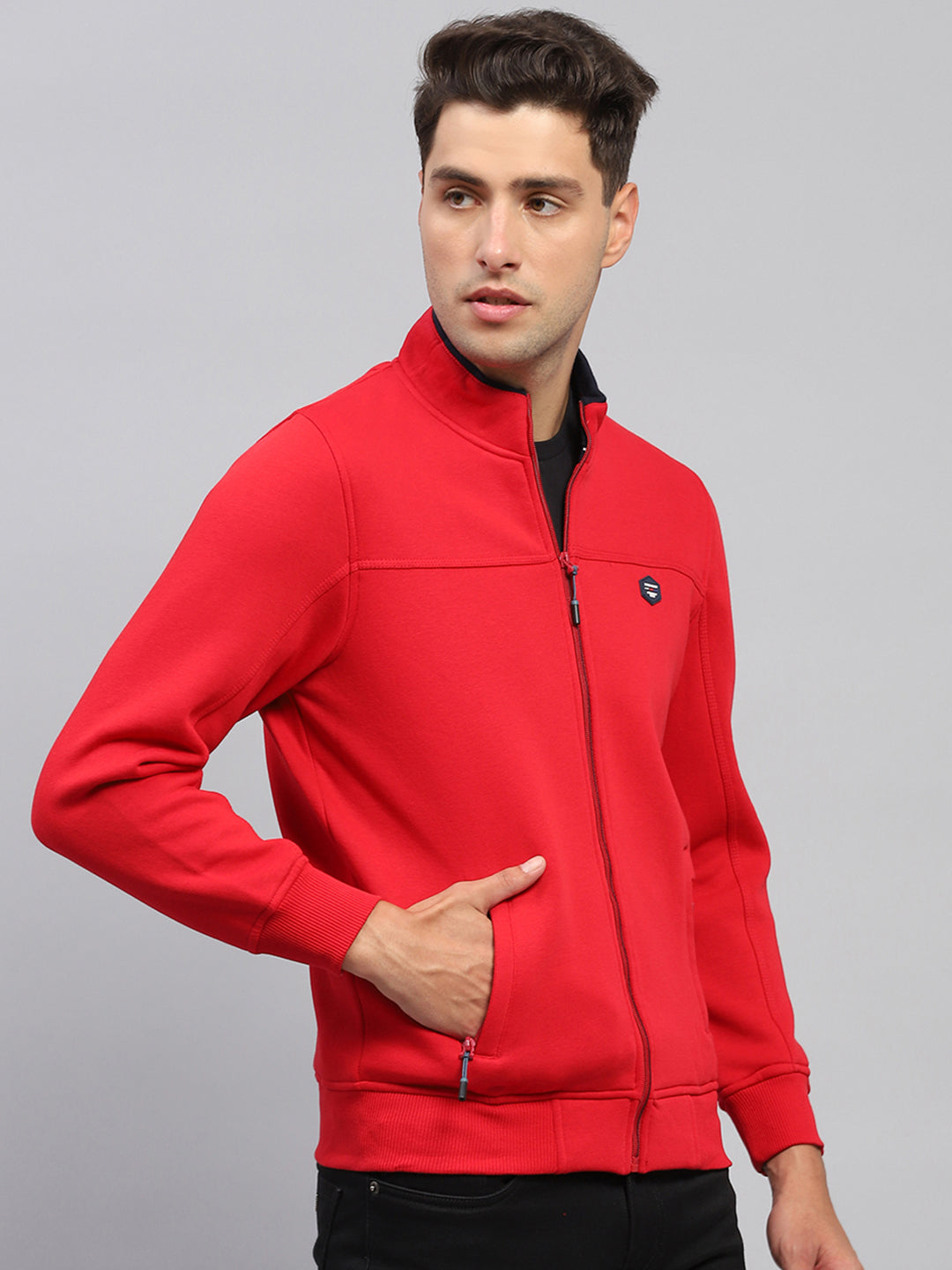 Men Red Solid Mock Neck Full Sleeve Sweatshirt