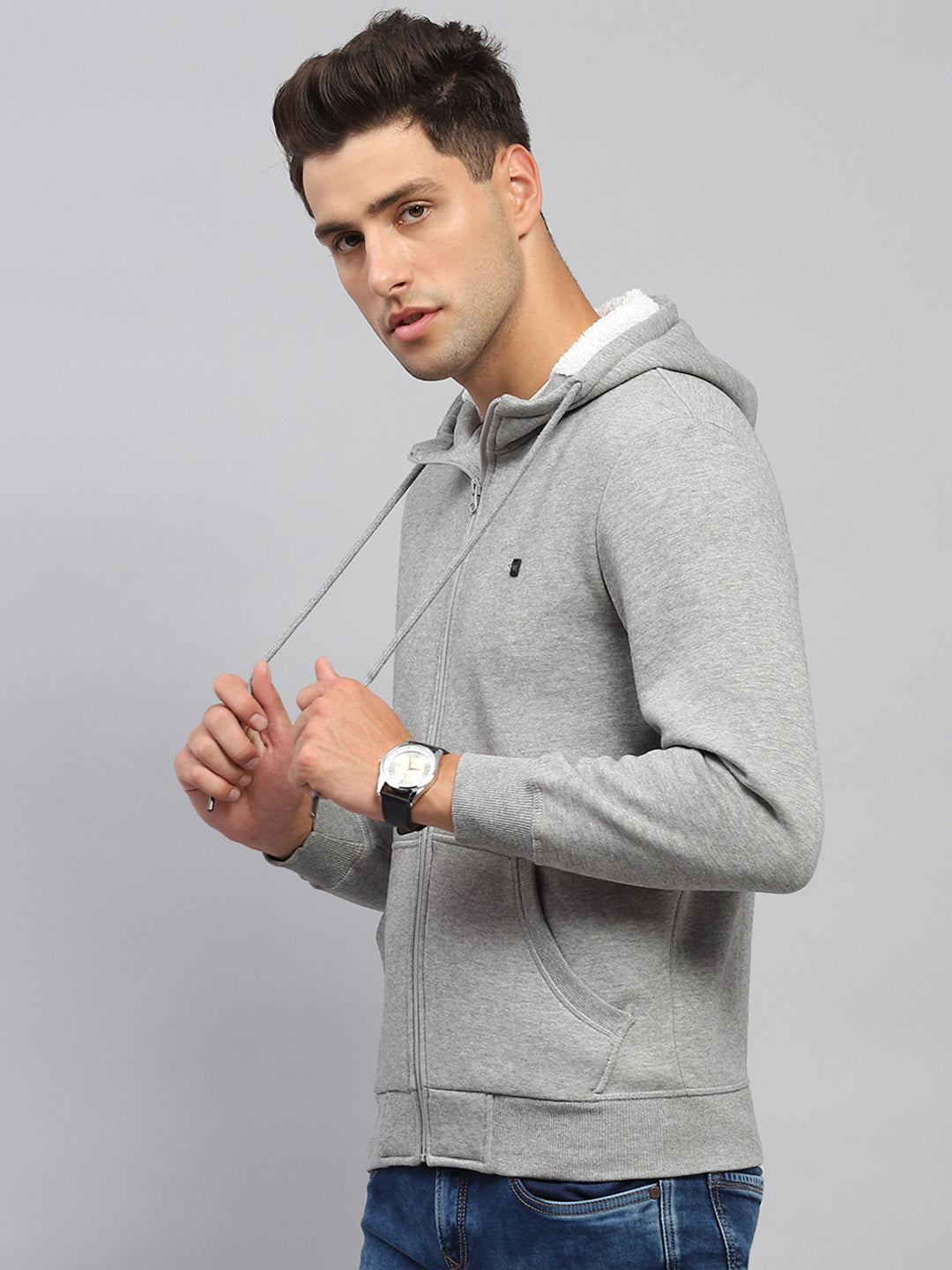 Men Grey Solid Hooded Full Sleeve Sweatshirt