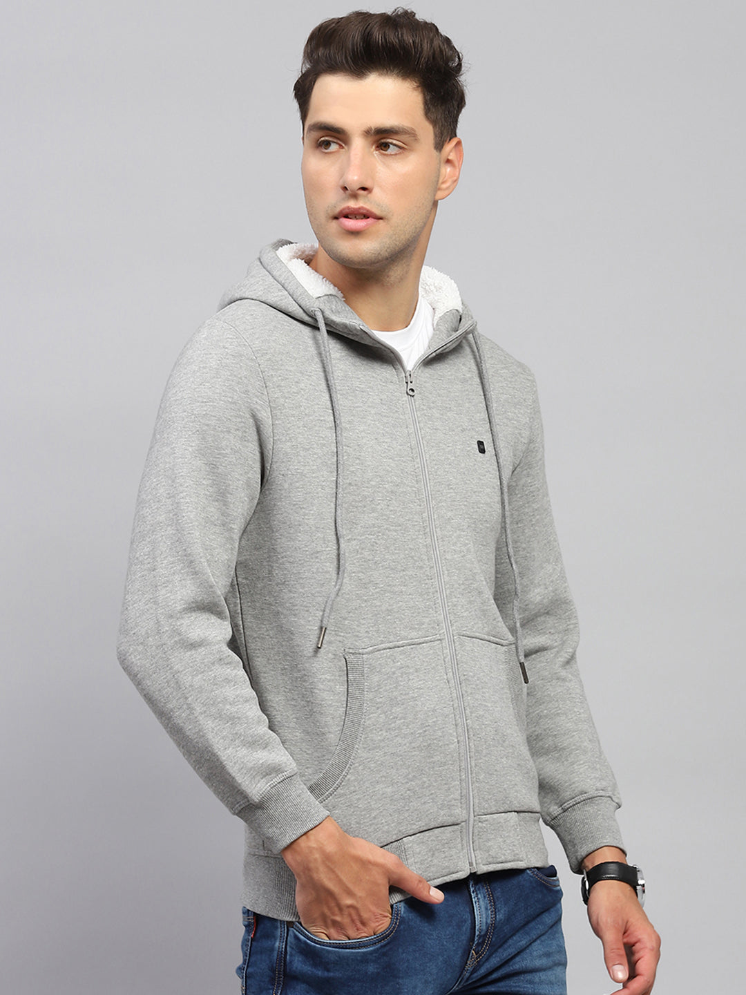 Men Grey Solid Hooded Full Sleeve Sweatshirt