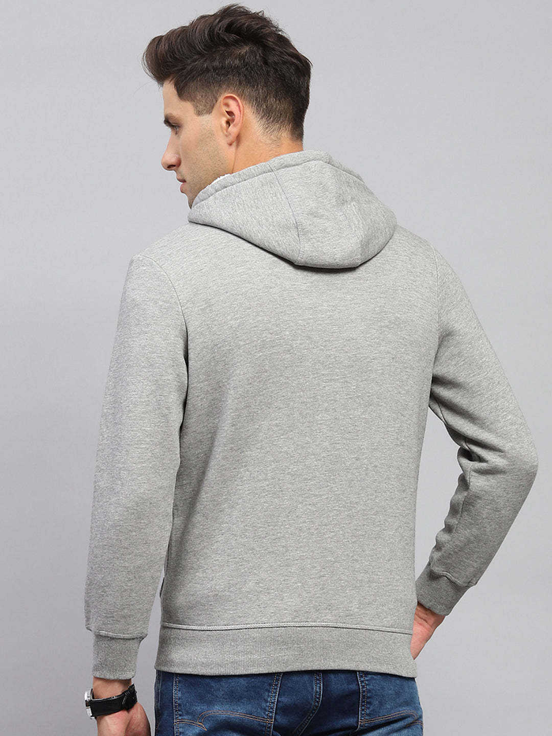 Men Grey Solid Hooded Full Sleeve Sweatshirt