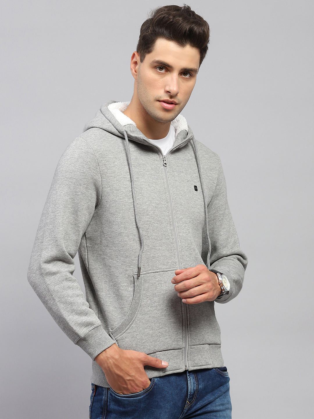 Men Grey Solid Hooded Full Sleeve Sweatshirt