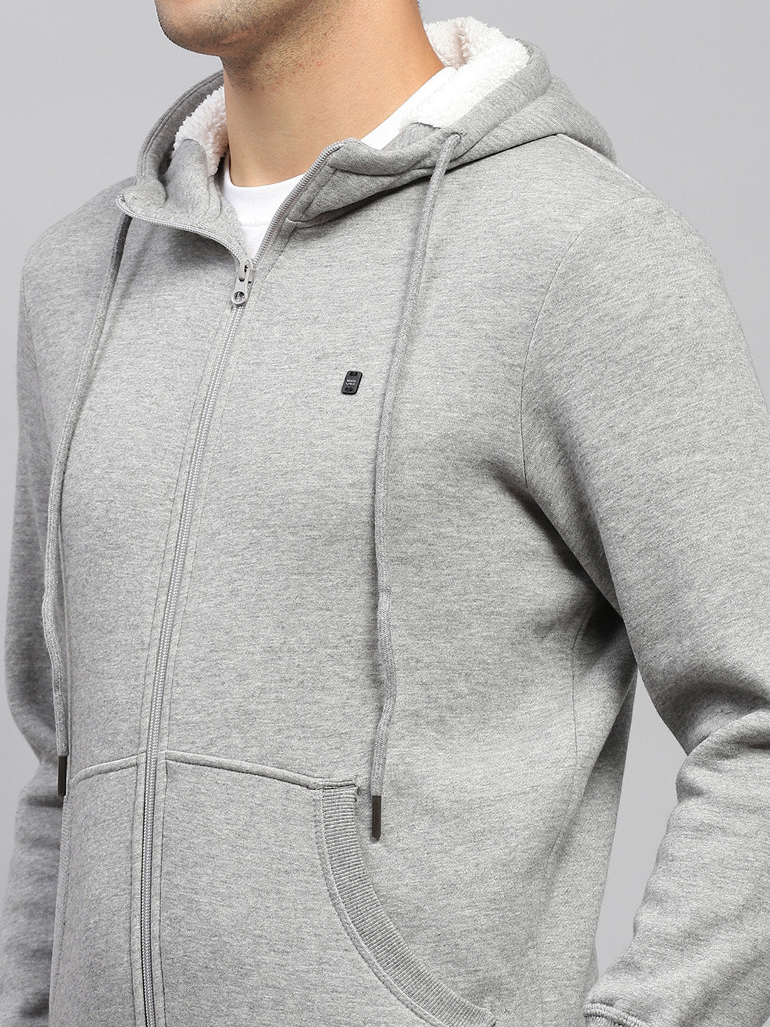 Men Grey Solid Hooded Full Sleeve Sweatshirt