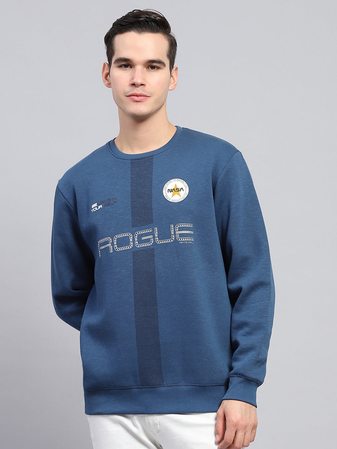 Men Blue Printed Round Neck Full Sleeve Sweatshirt