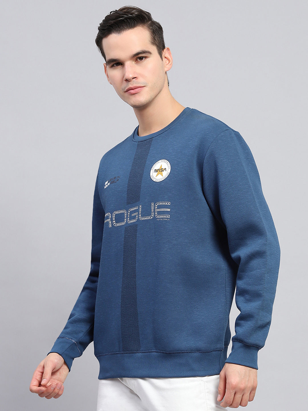 Men Blue Printed Round Neck Full Sleeve Sweatshirt