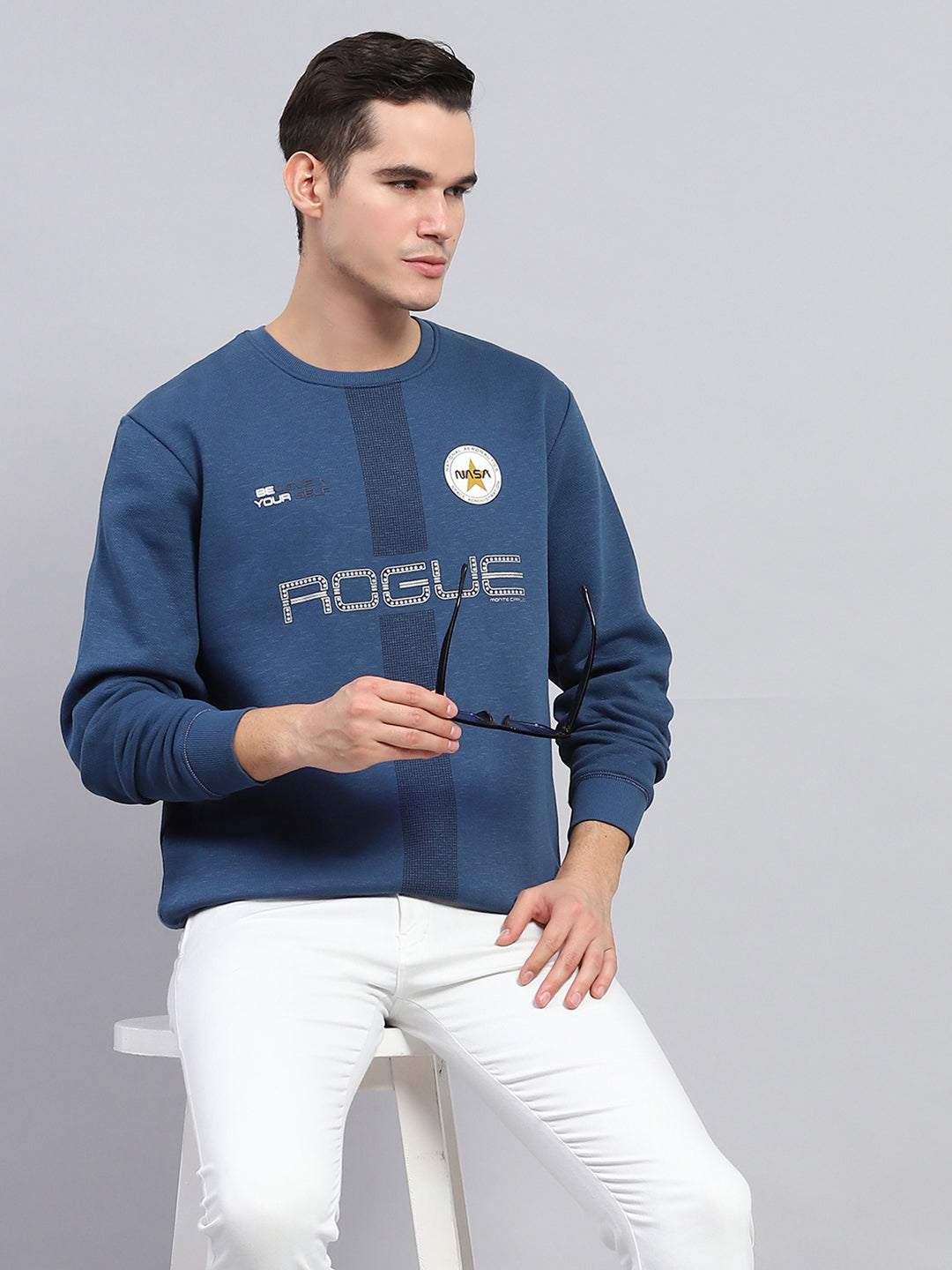 Men Blue Printed Round Neck Full Sleeve Sweatshirt