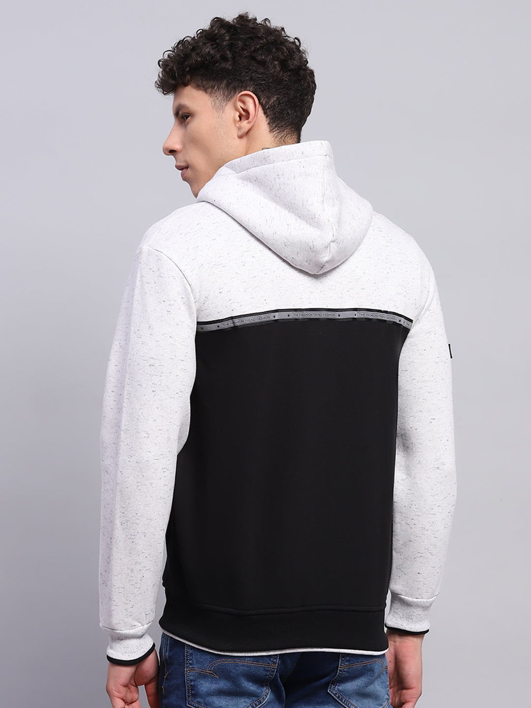 Men Black & White Solid Hooded Full Sleeve Sweatshirt