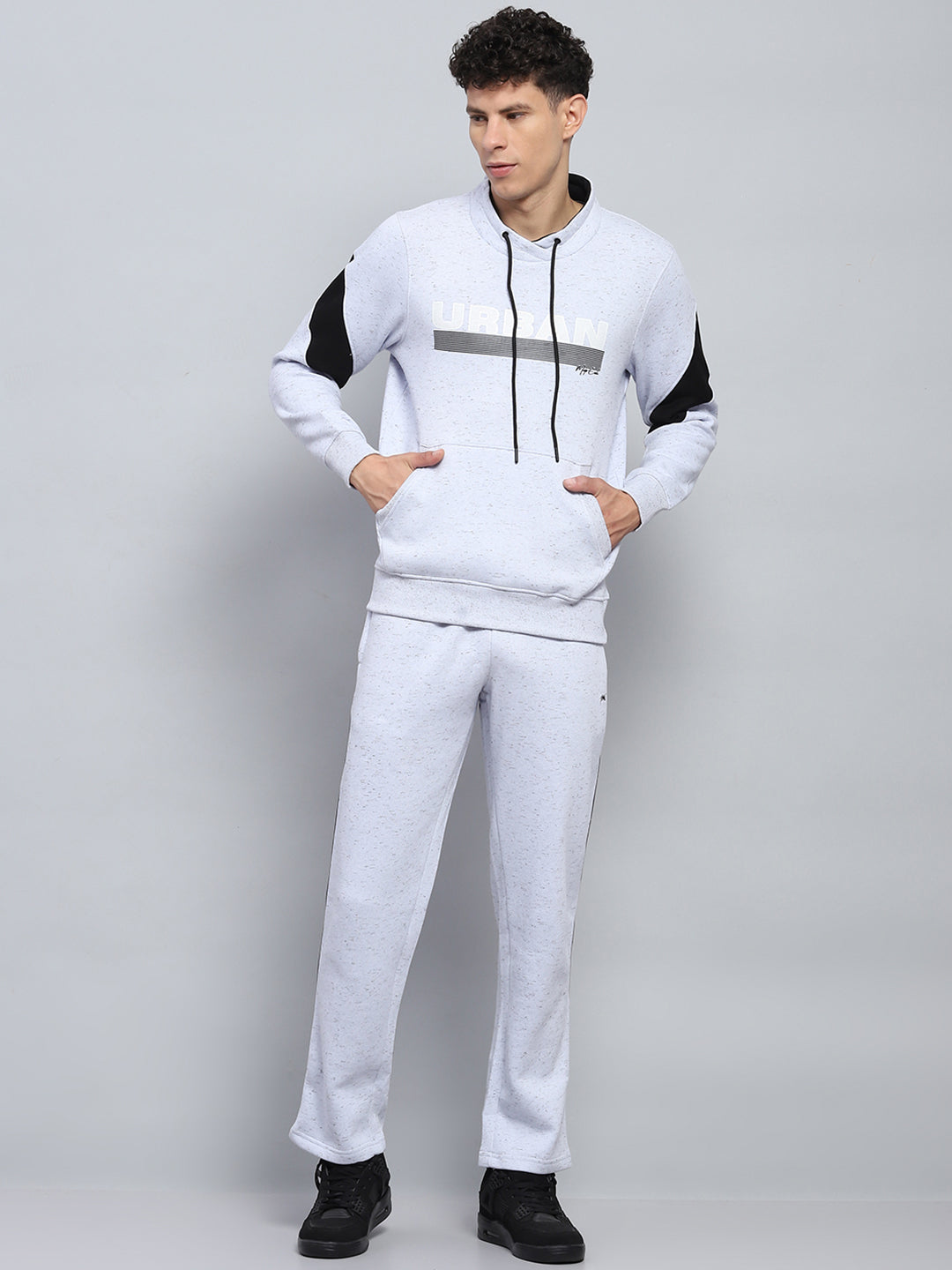 Men Grey Printed Round Neck Full Sleeve Winter Tracksuit