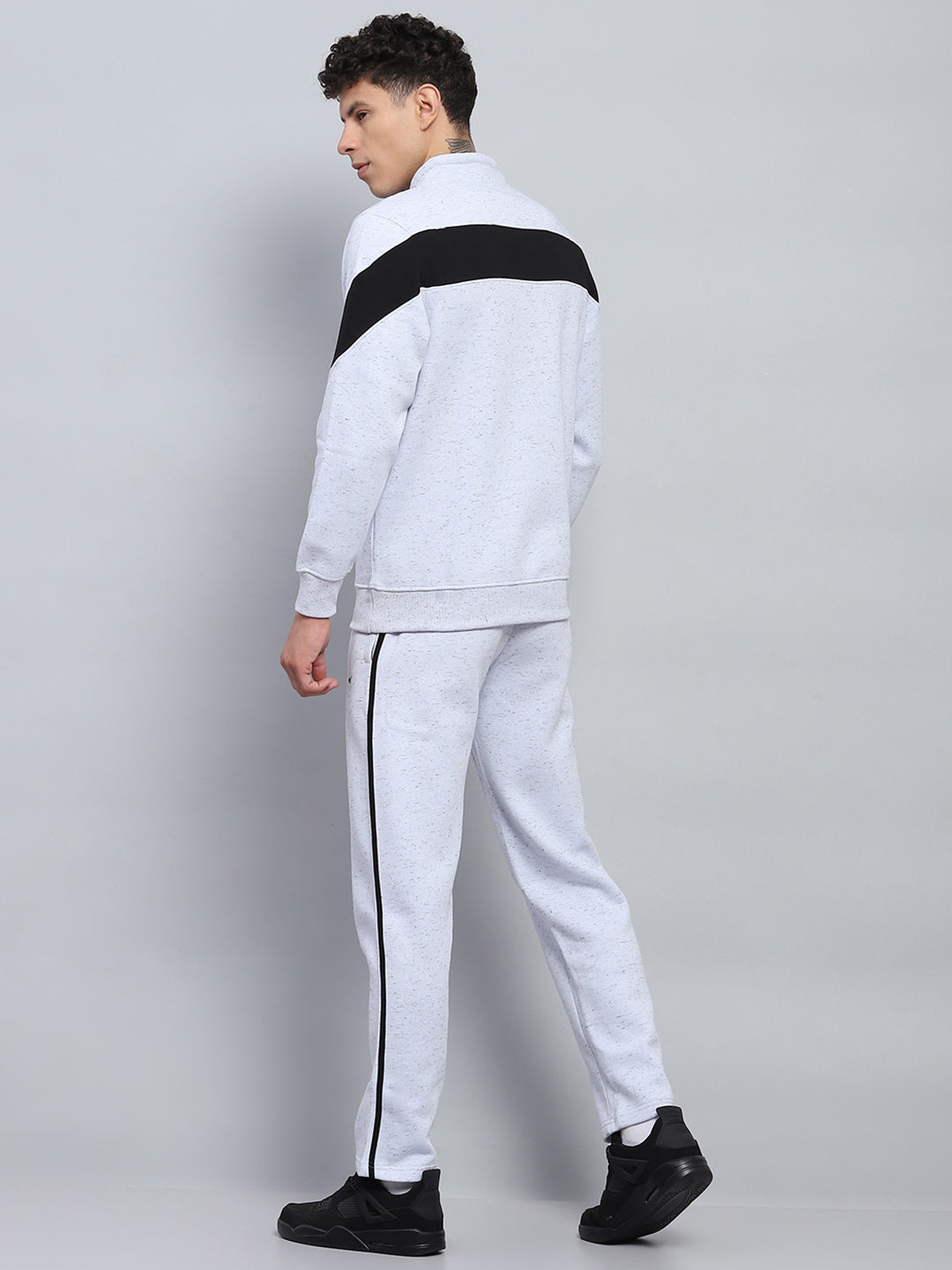 Men Grey Printed Round Neck Full Sleeve Winter Tracksuit