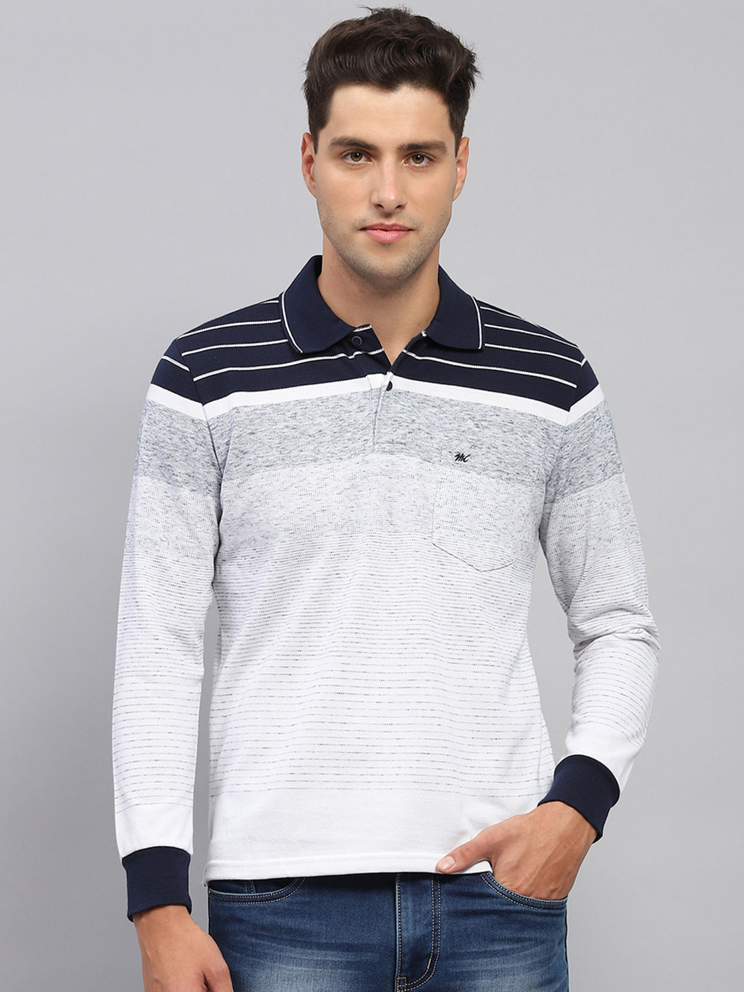 Men Multicolor Stripe Polo Collar Full Sleeve T-Shirt