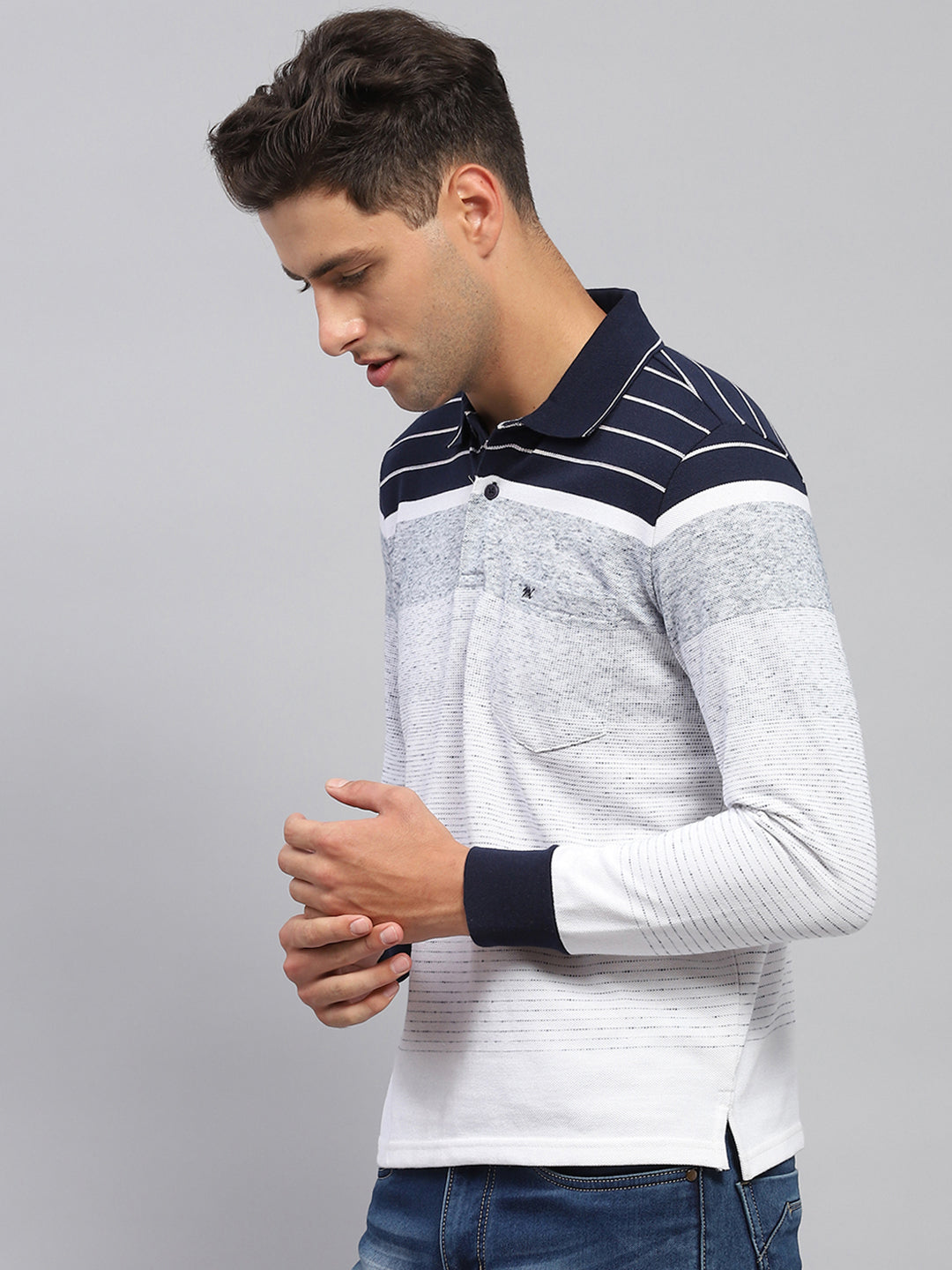 Men Multicolor Stripe Polo Collar Full Sleeve T-Shirt