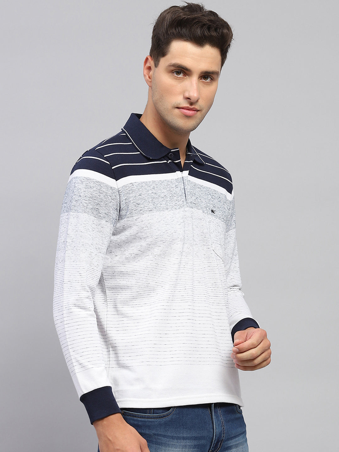 Men Multicolor Stripe Polo Collar Full Sleeve T-Shirt