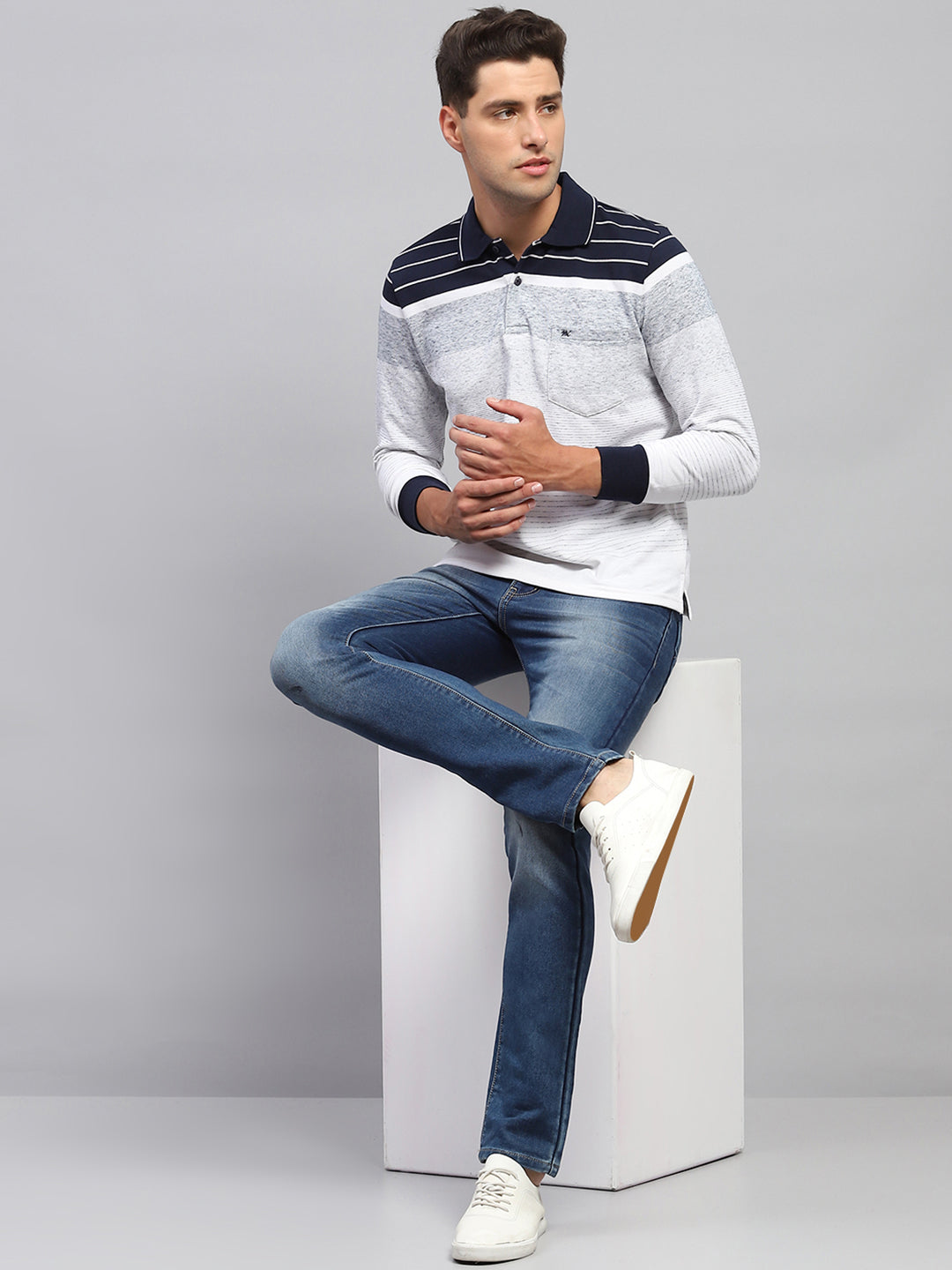 Men Multicolor Stripe Polo Collar Full Sleeve T-Shirt