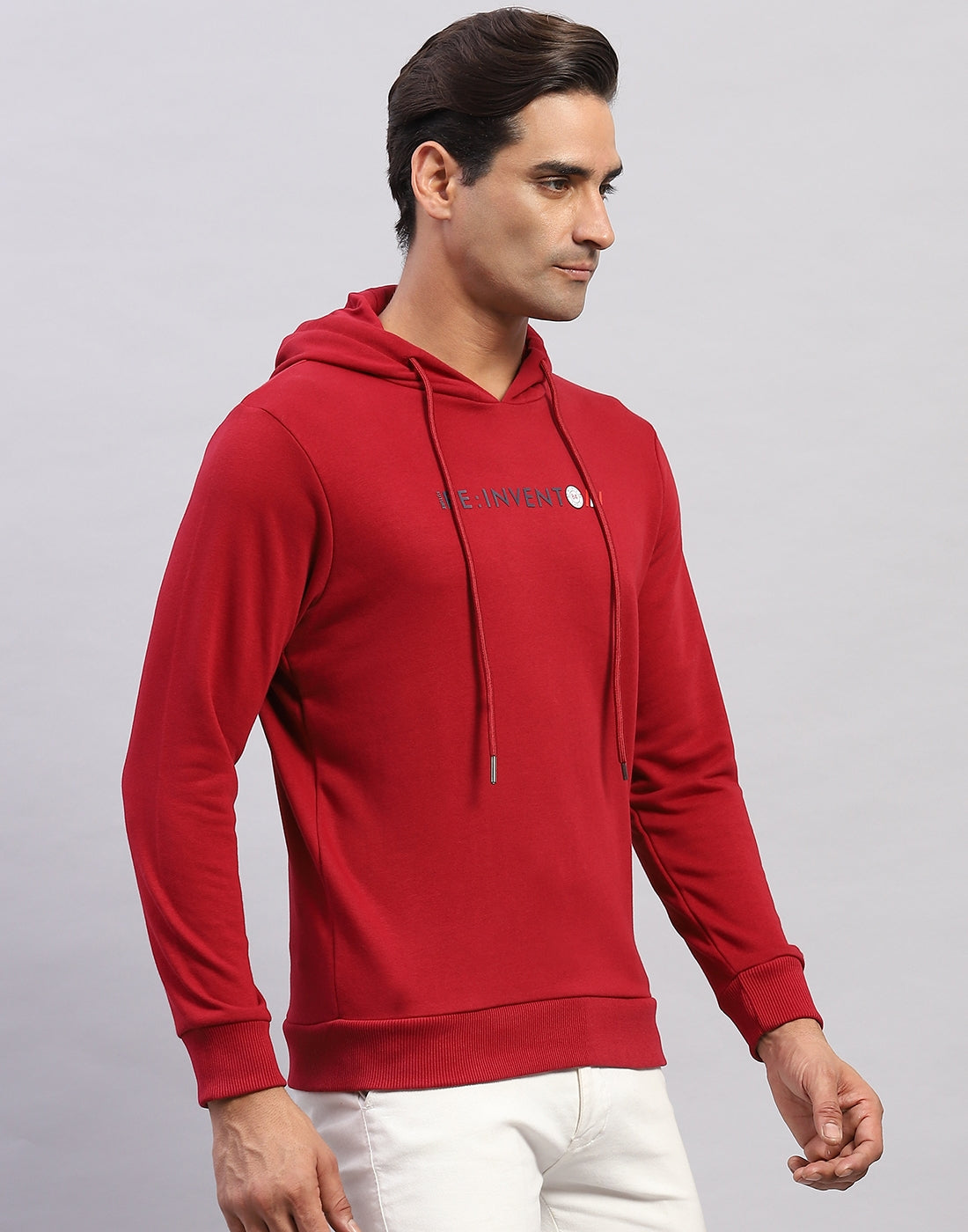 Men Red Solid Hooded Full Sleeve Sweatshirt