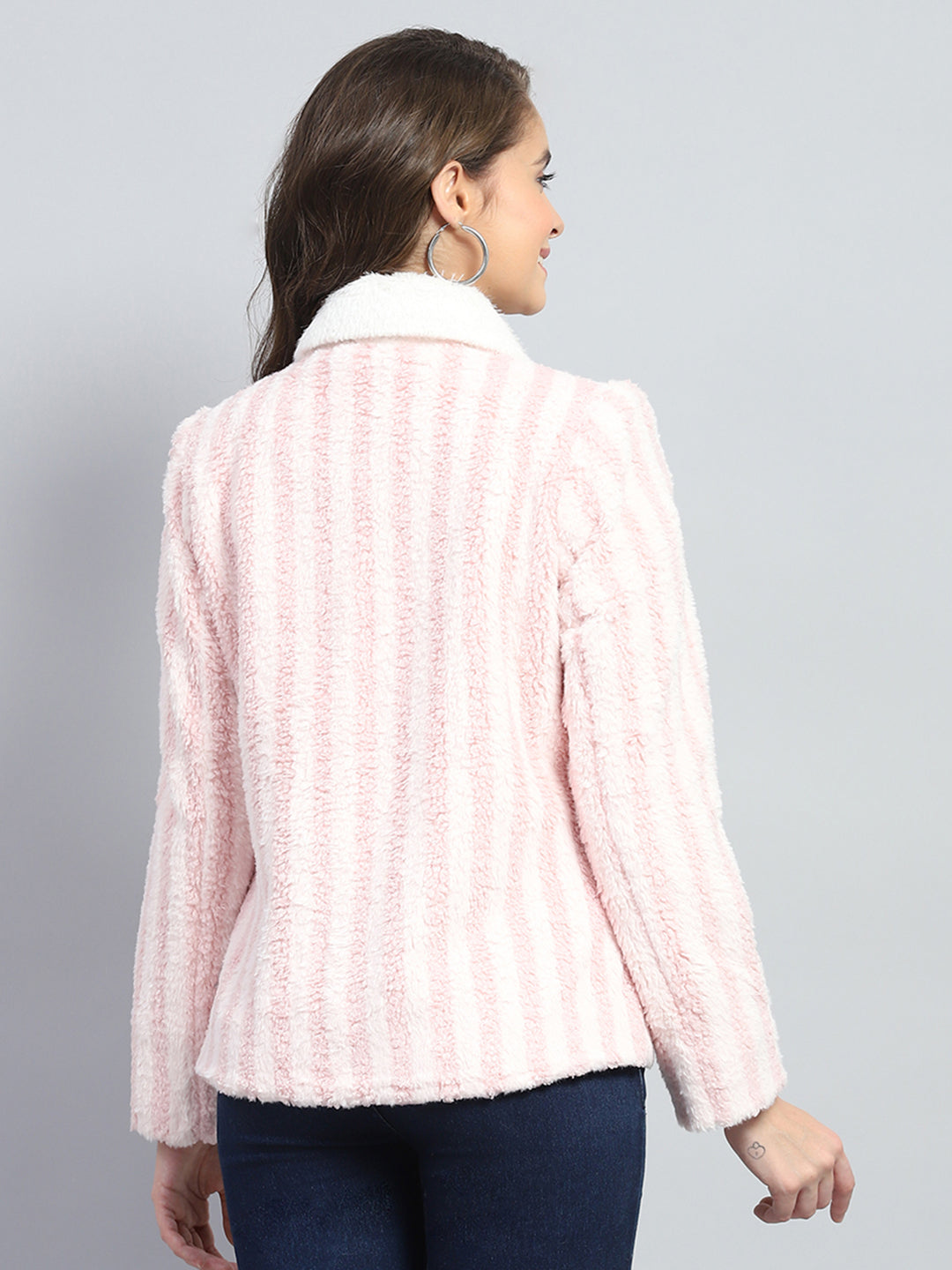 Women Pink Stripe Collar Full Sleeve Jacket