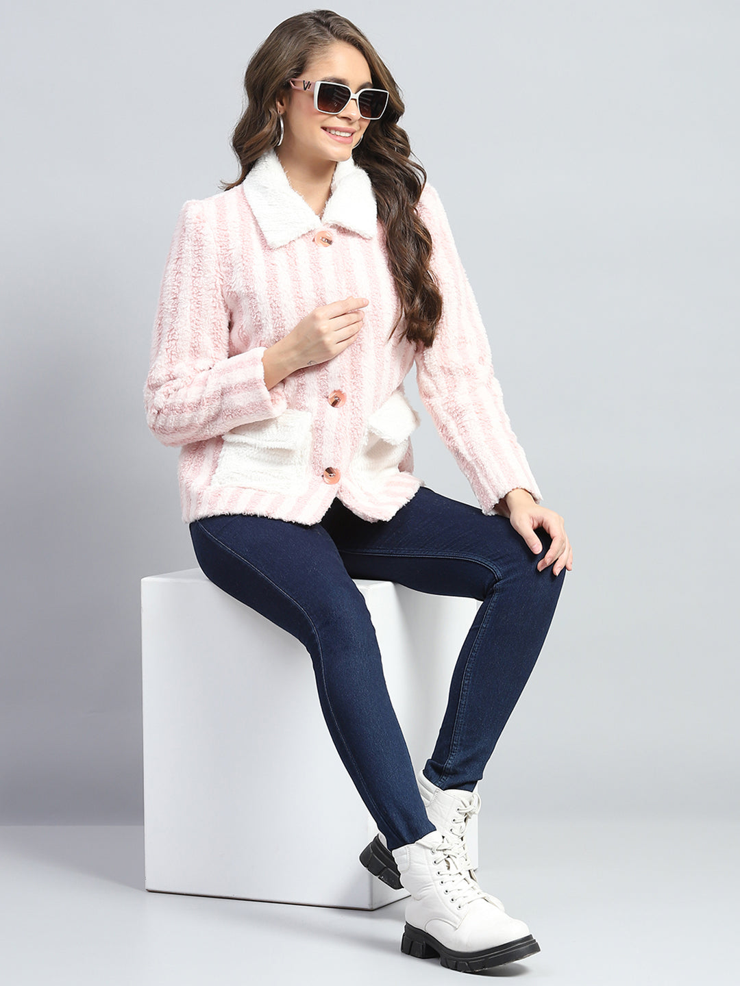 Women Pink Stripe Collar Full Sleeve Jacket