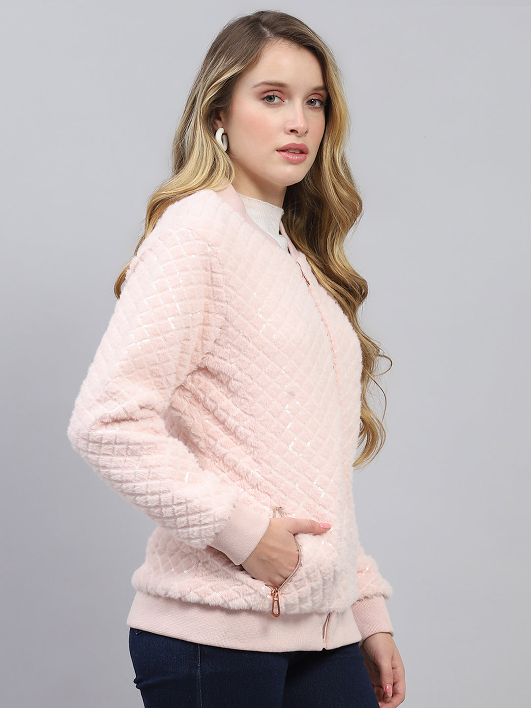 Women Pink Self Design Mock Neck Full Sleeve Sweatshirt