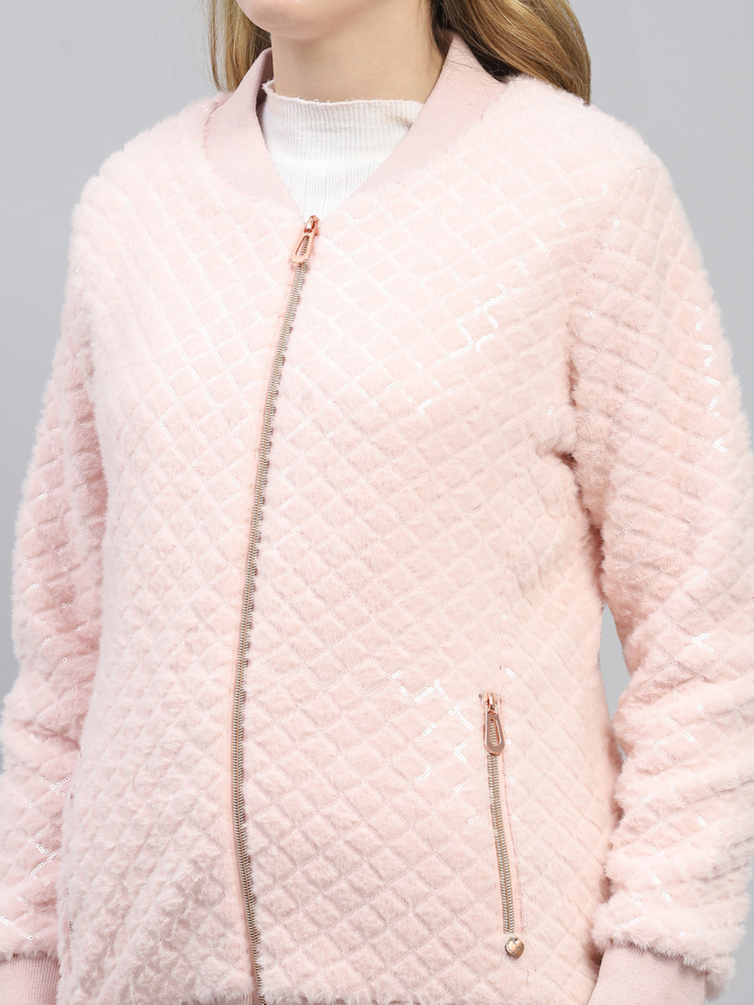 Women Pink Self Design Mock Neck Full Sleeve Sweatshirt