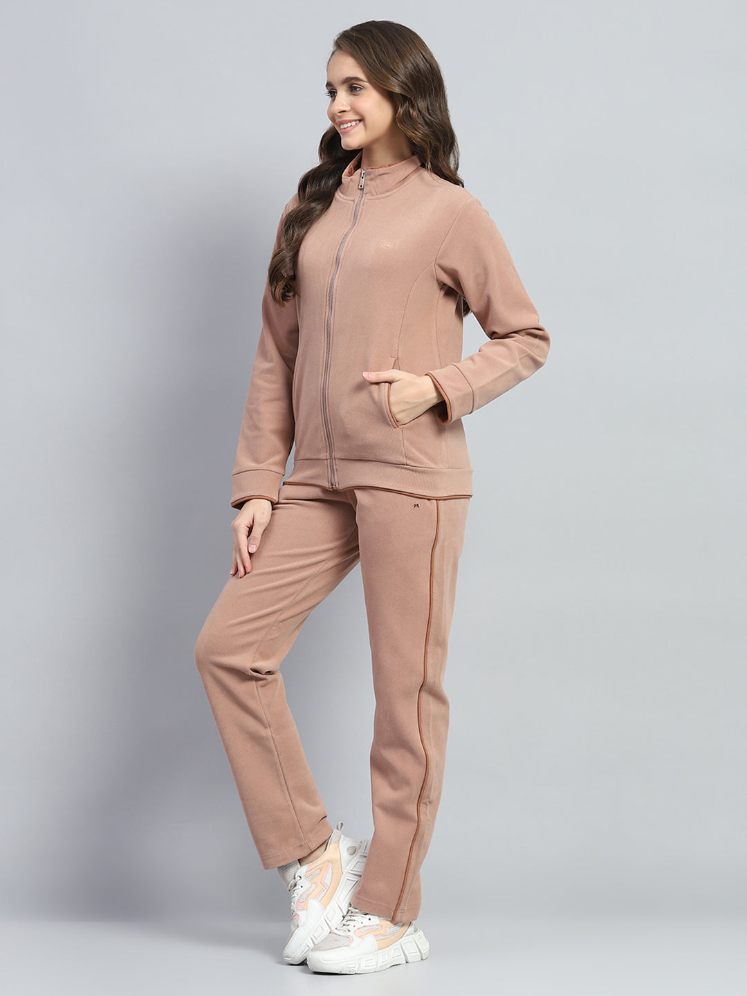 Women Tan Solid Mock Neck Full Sleeve Winter Tracksuit