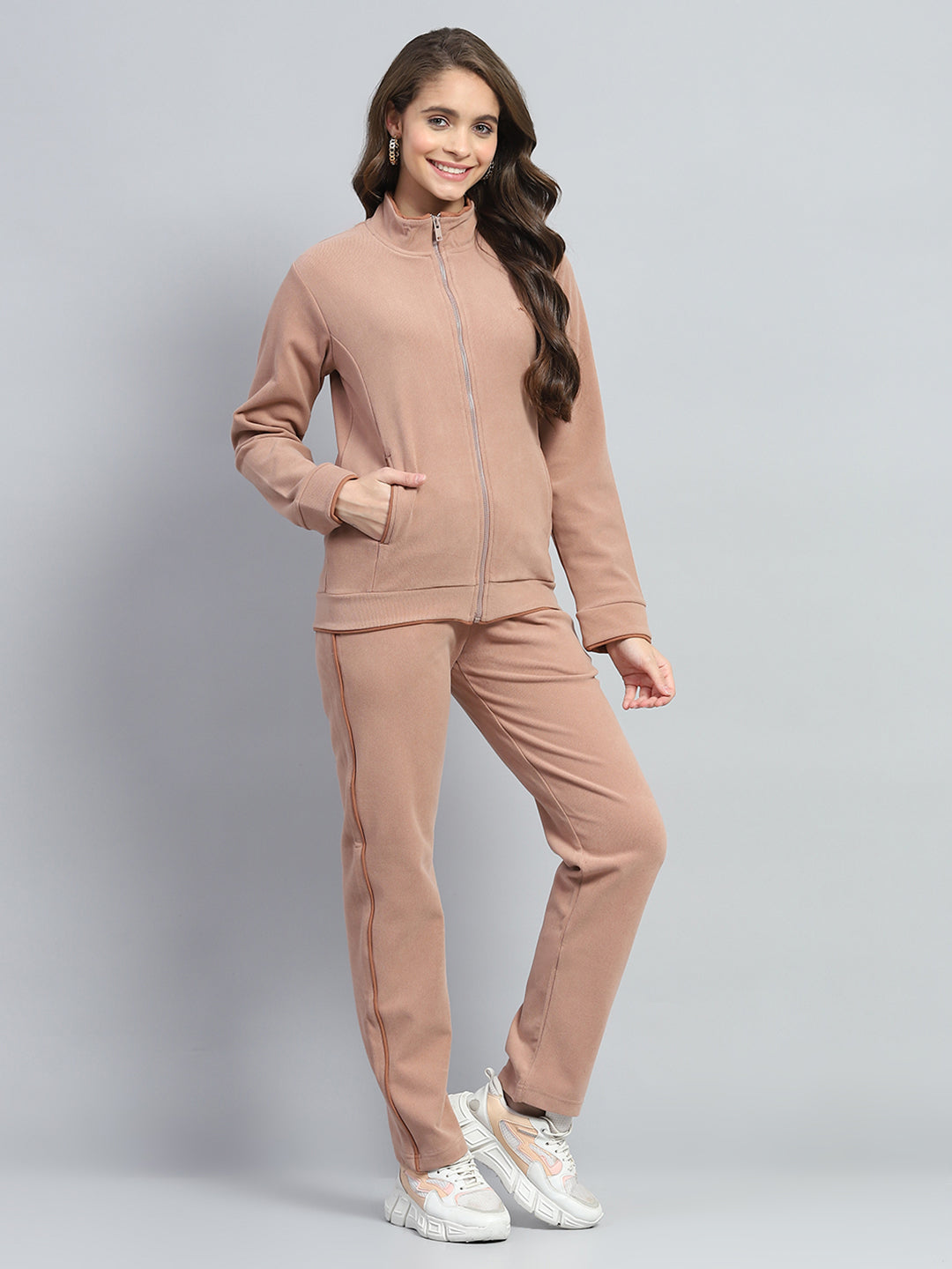 Women Tan Solid Mock Neck Full Sleeve Winter Tracksuit