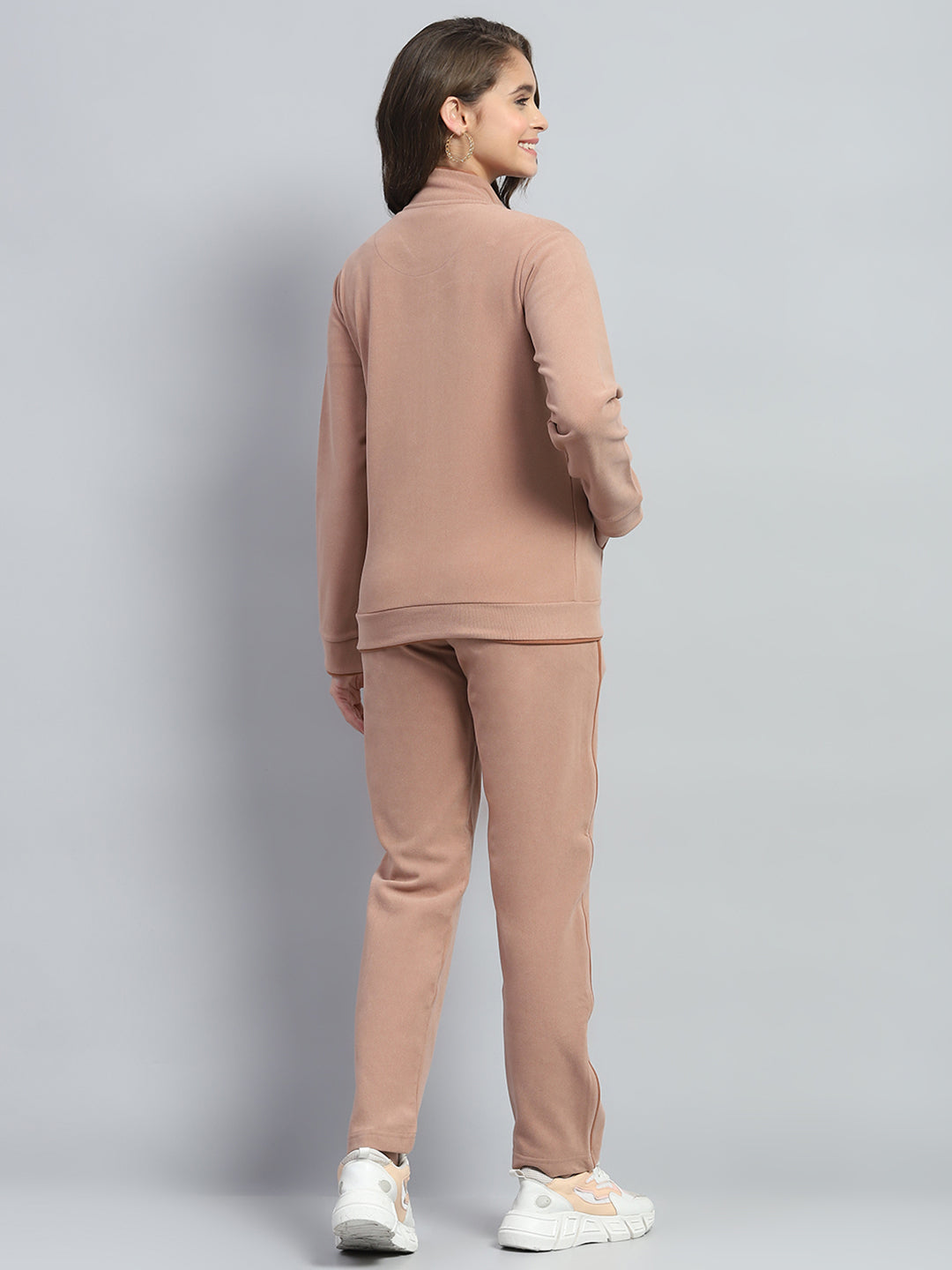 Women Tan Solid Mock Neck Full Sleeve Winter Tracksuit