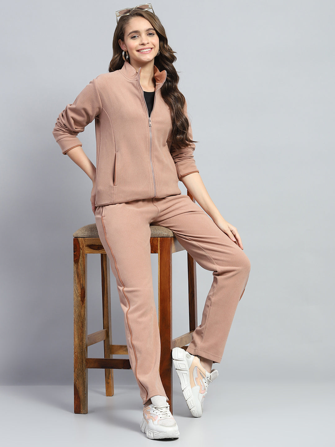 Women Tan Solid Mock Neck Full Sleeve Winter Tracksuit