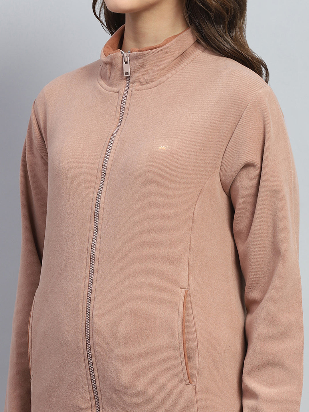 Women Tan Solid Mock Neck Full Sleeve Winter Tracksuit