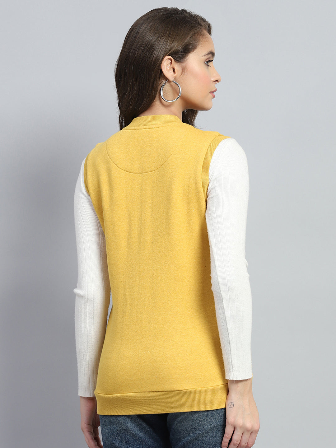 Women Yellow Solid Round Neck Sleeveless Sweatshirt