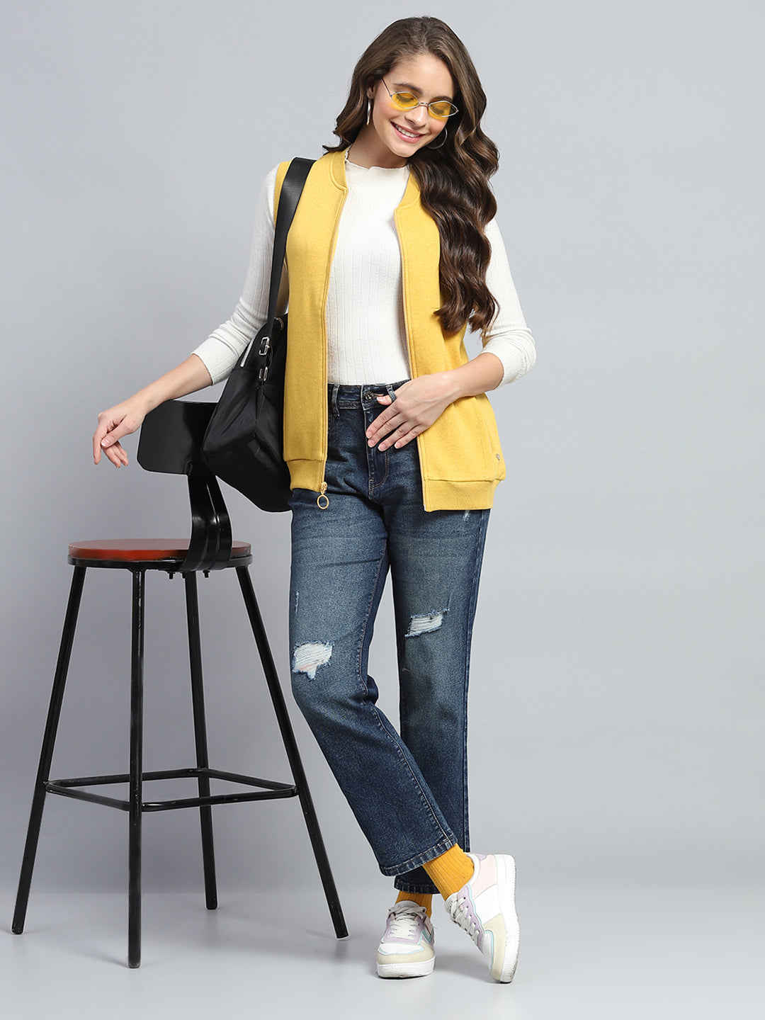 Women Yellow Solid Round Neck Sleeveless Sweatshirt