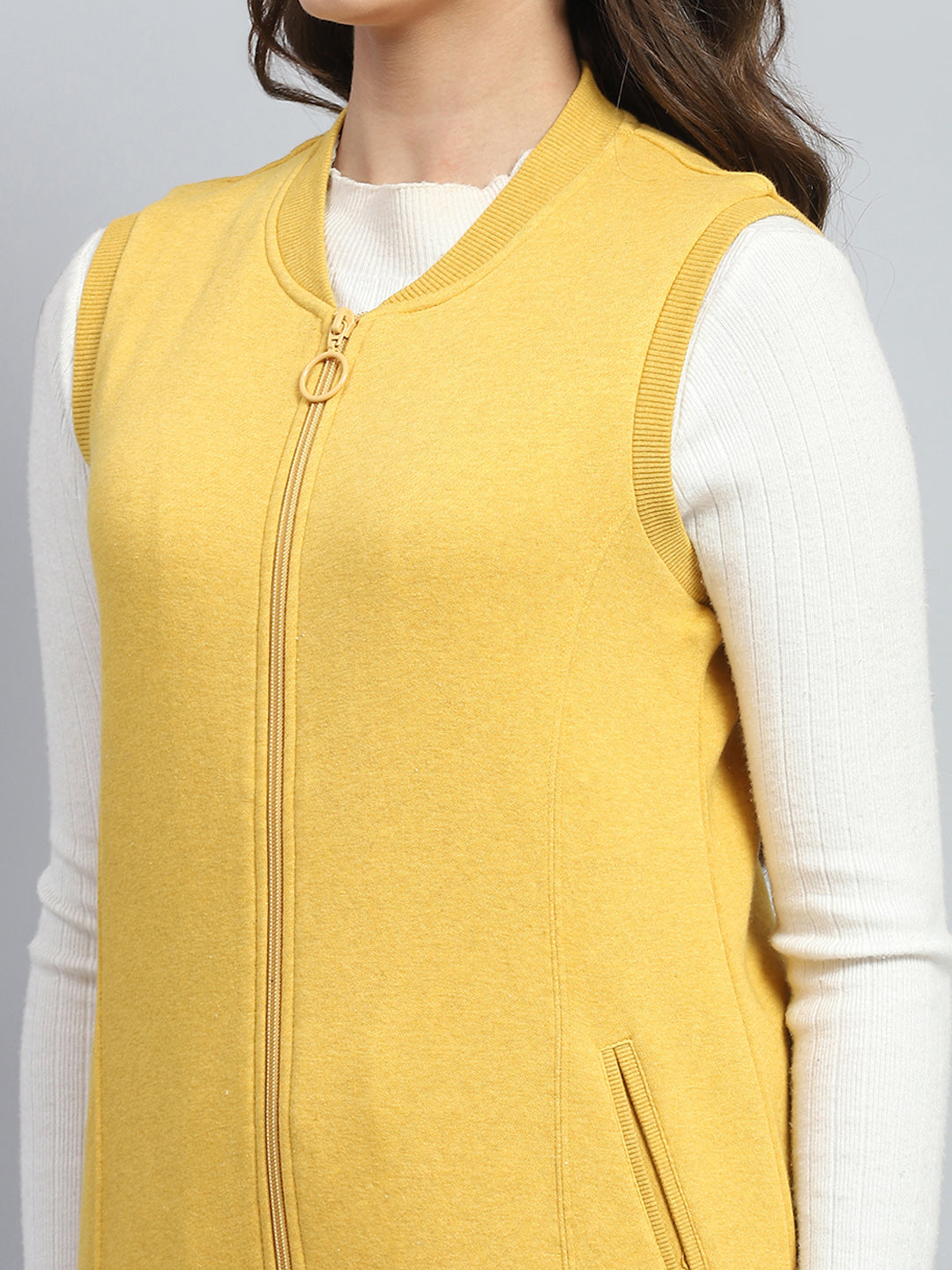 Women Yellow Solid Round Neck Sleeveless Sweatshirt