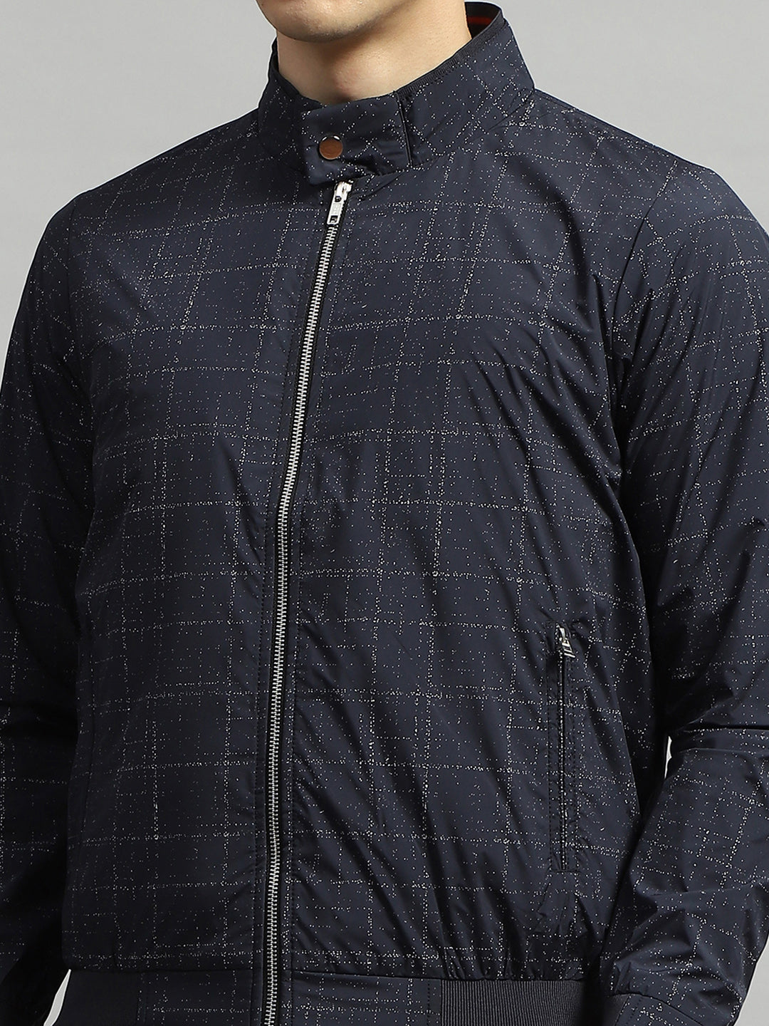 Men Navy Blue Printed Mock Neck Full Sleeve Jacket