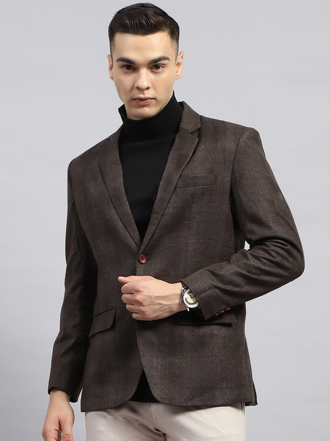 Men Brown Solid Notch lapel Collar Full Sleeve Blazer