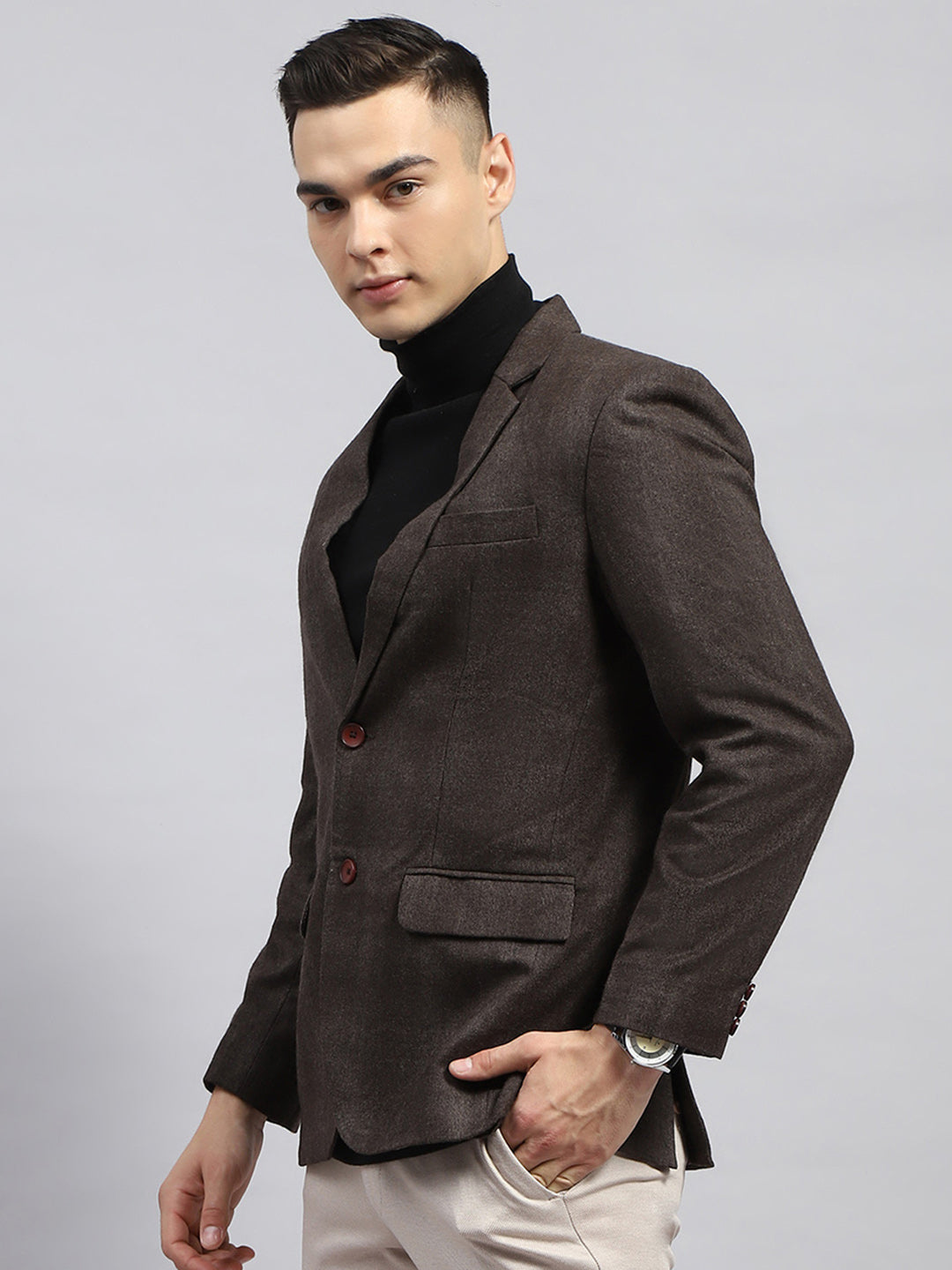 Men Brown Solid Notch lapel Collar Full Sleeve Blazer