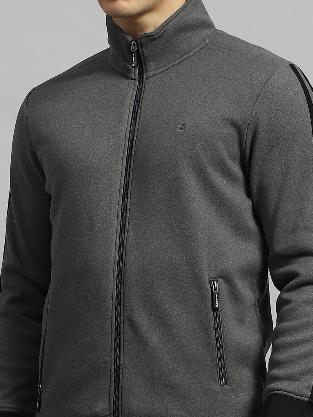 Men Grey Solid Mock Neck Full Sleeve Sweatshirt