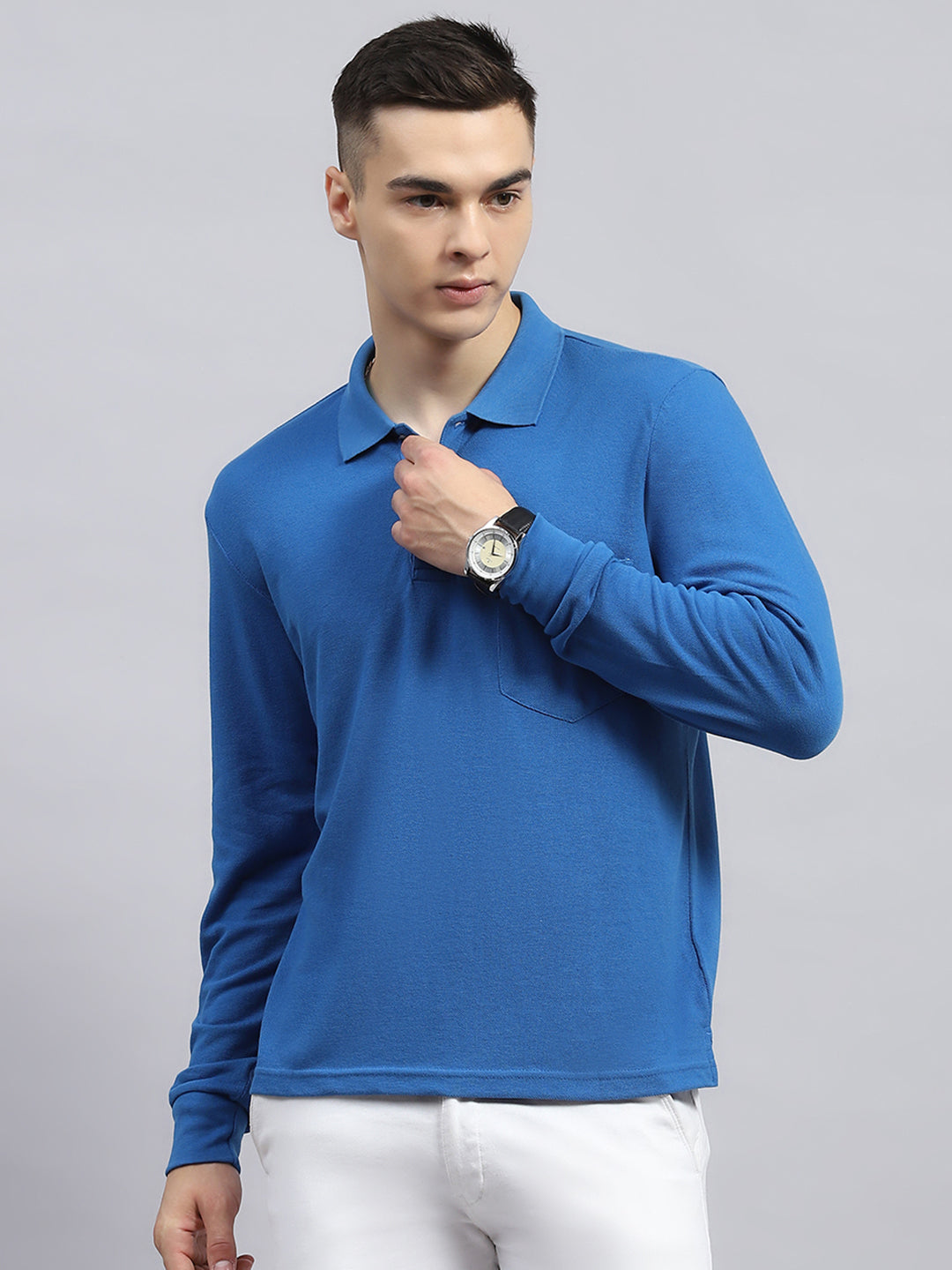 Men Blue Solid Collar Full Sleeve Winter T-Shirt