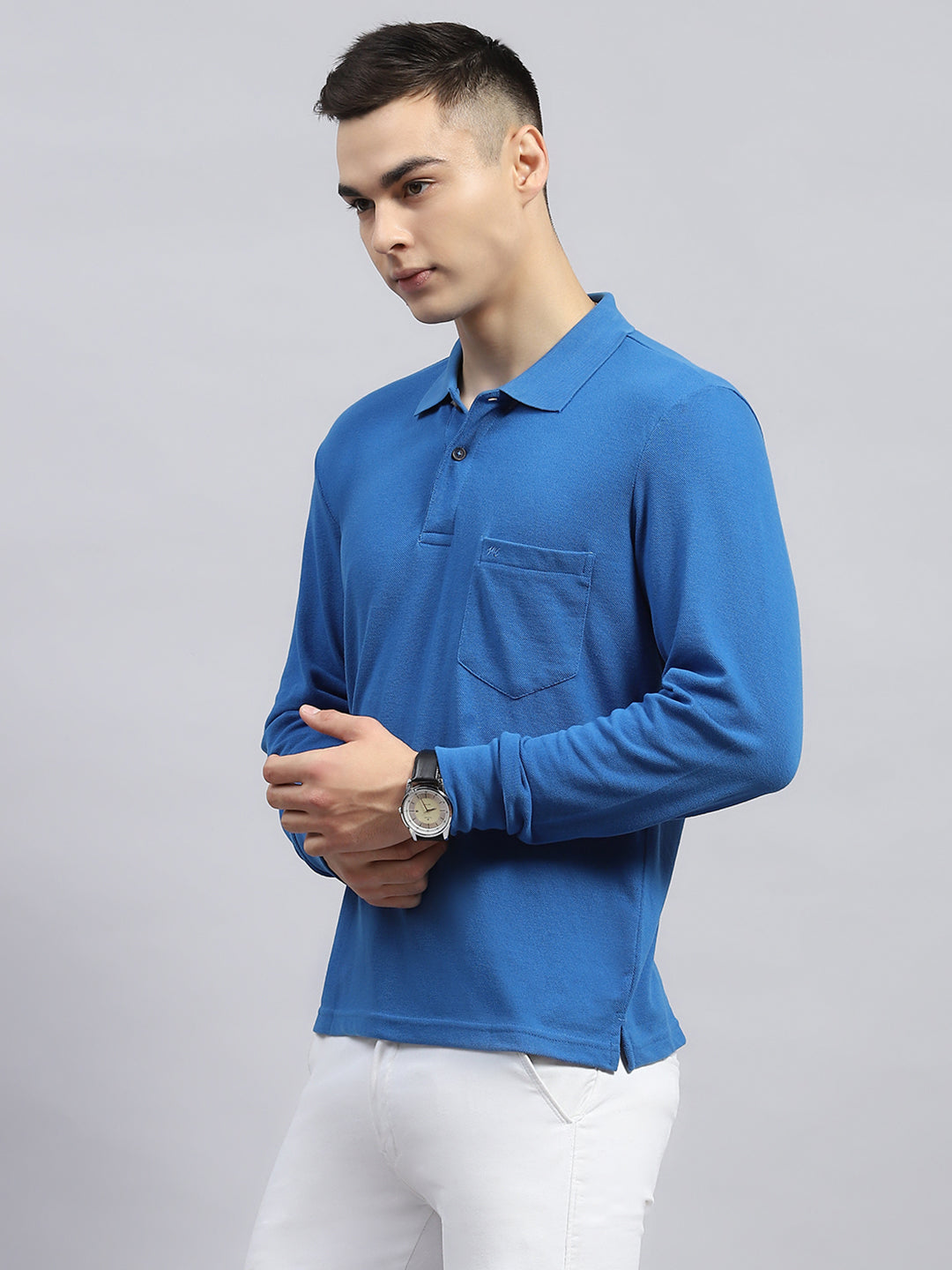 Men Blue Solid Collar Full Sleeve Winter T-Shirt