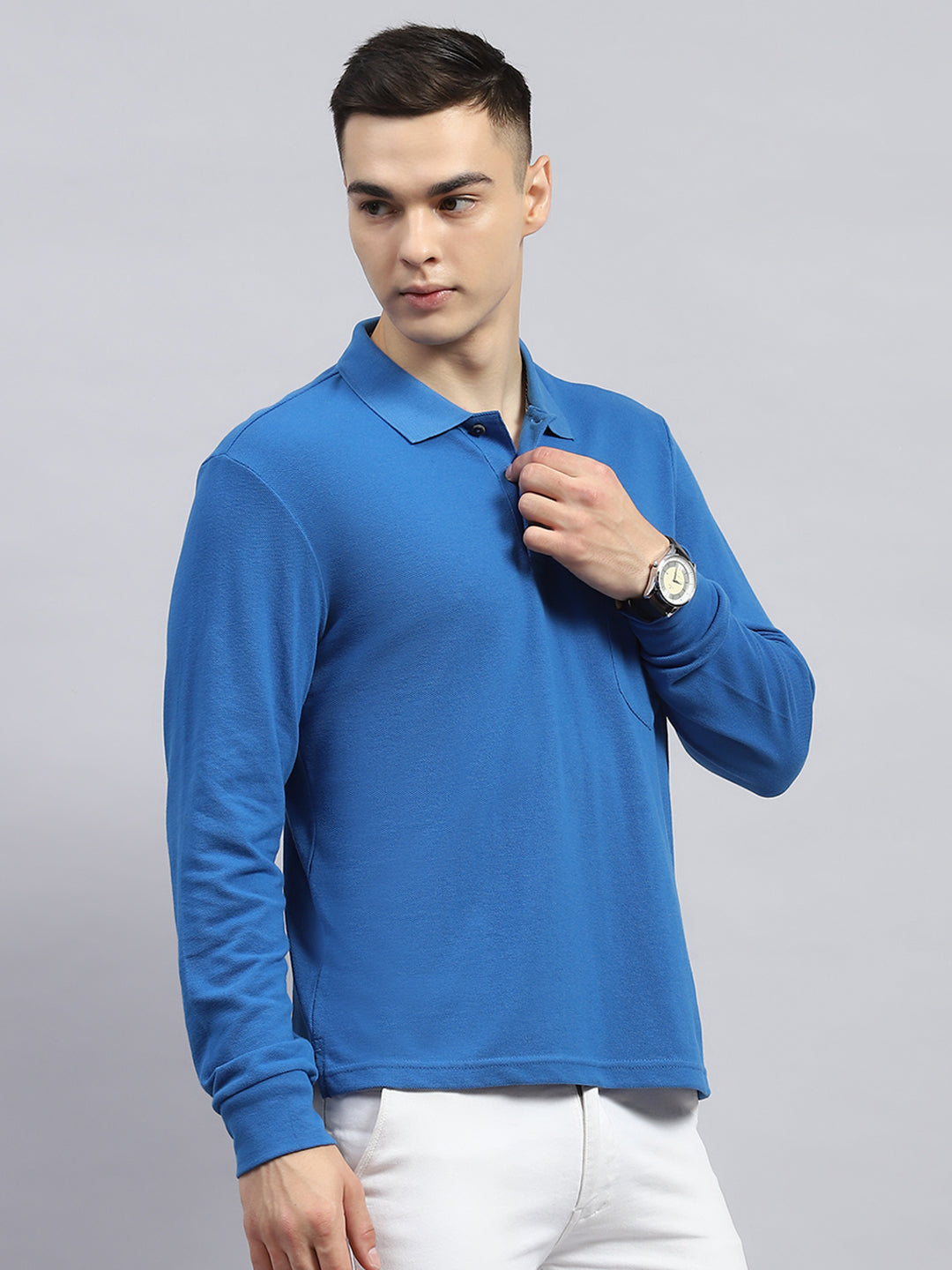 Men Blue Solid Collar Full Sleeve Winter T-Shirt