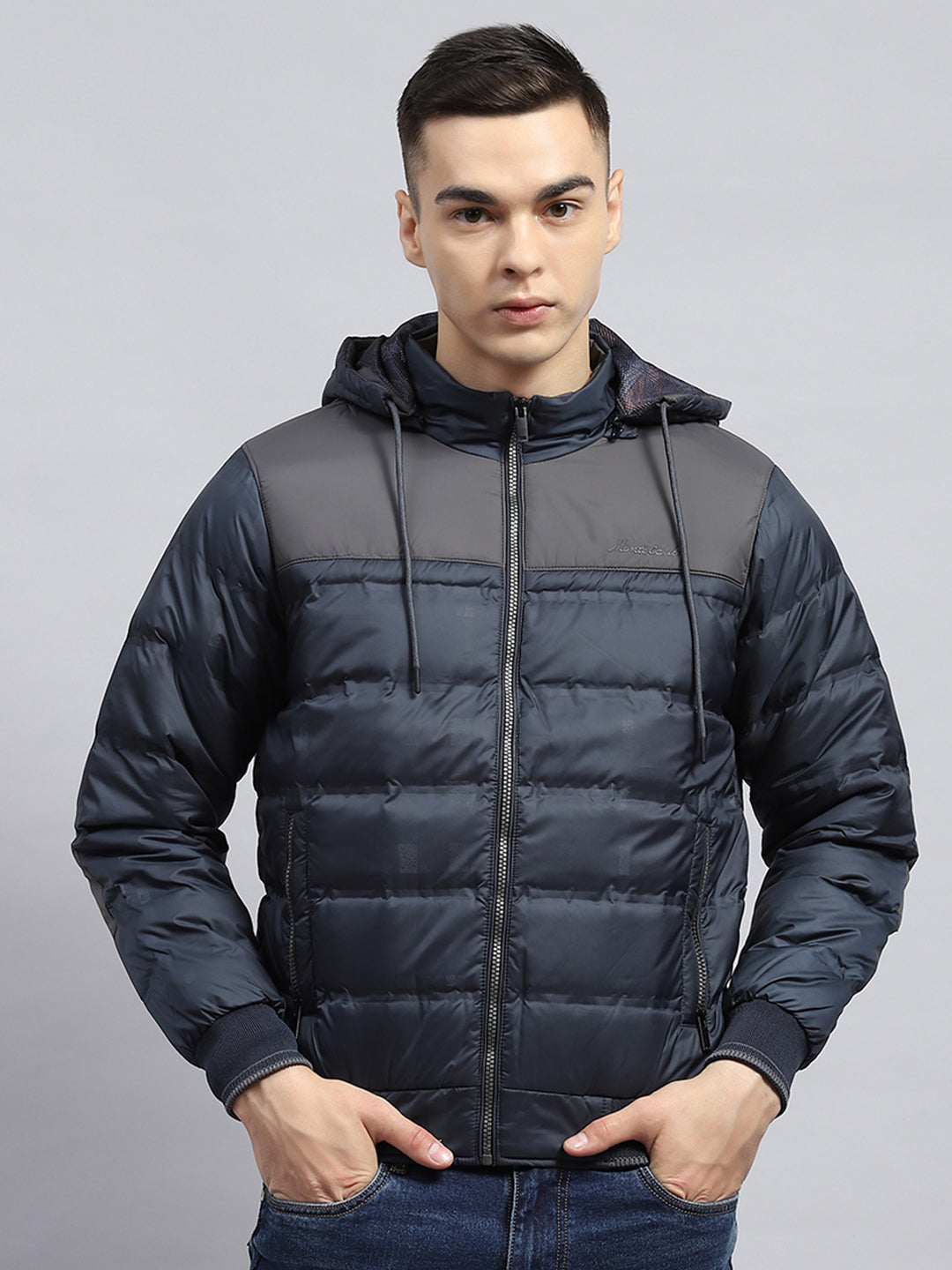 Men Navy Blue Solid Detachable Hood Full Sleeve Jacket