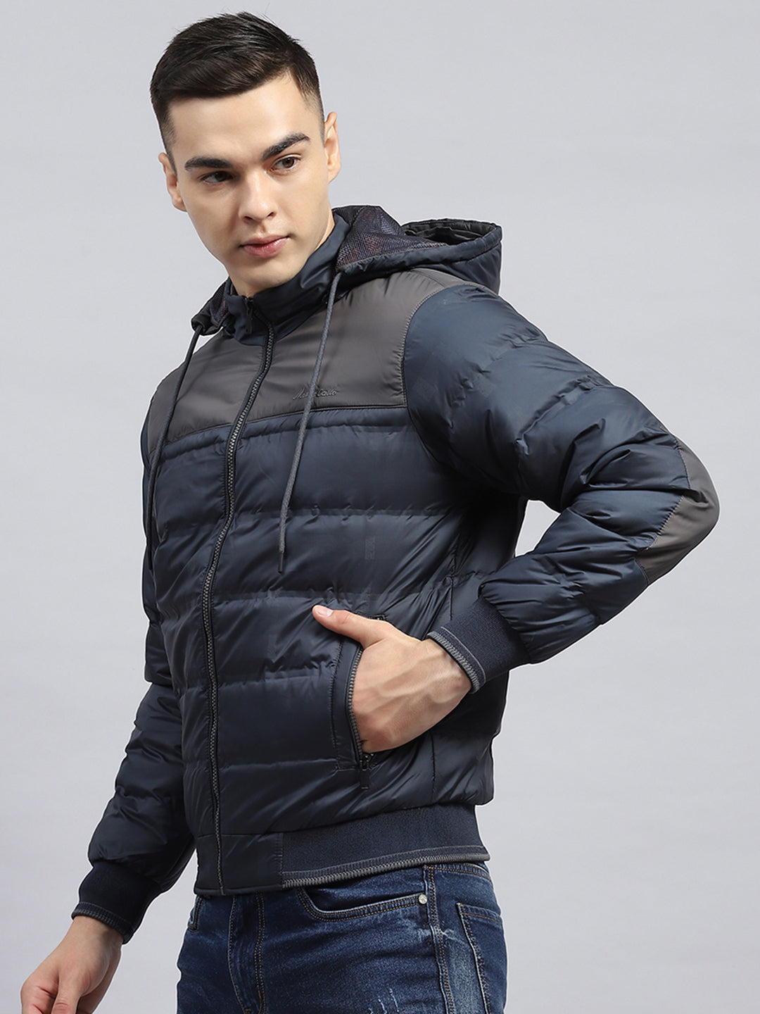 Men Navy Blue Solid Detachable Hood Full Sleeve Jacket