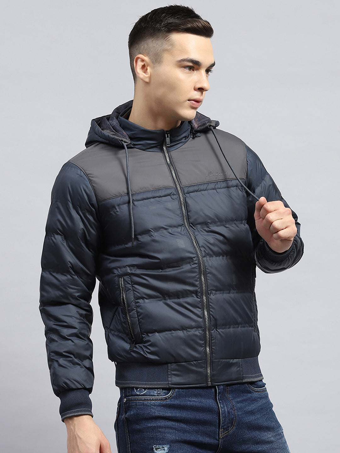 Men Navy Blue Solid Detachable Hood Full Sleeve Jacket