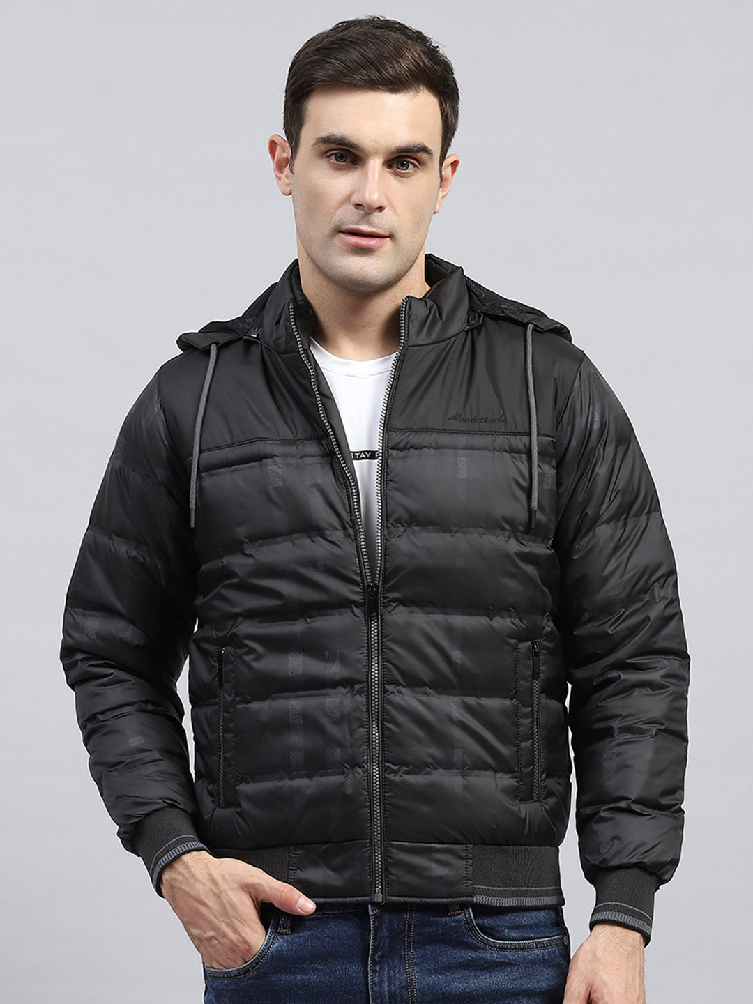 Men Black Self Design Detachable Hood Full Sleeve Jacket