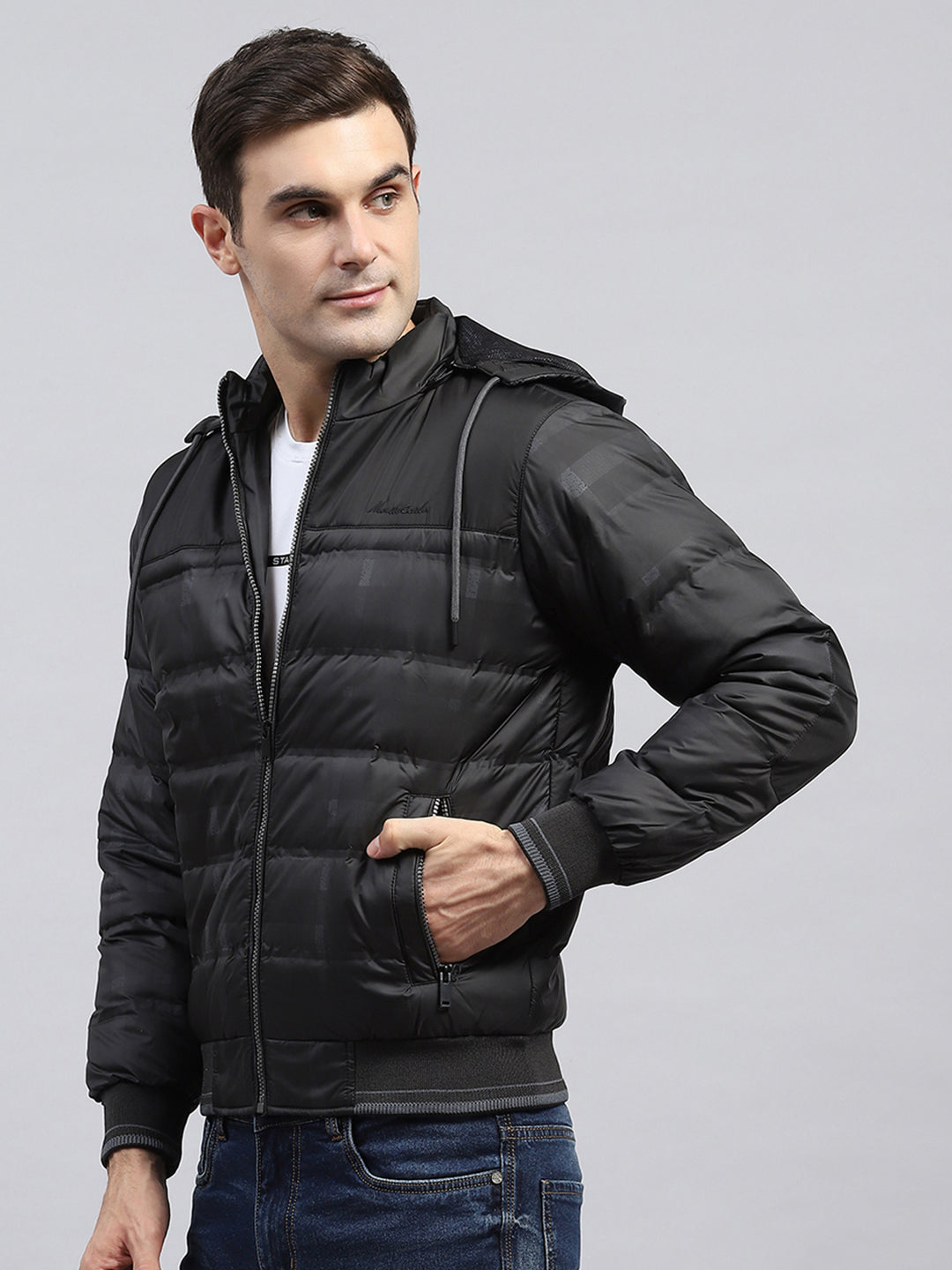 Men Black Self Design Detachable Hood Full Sleeve Jacket