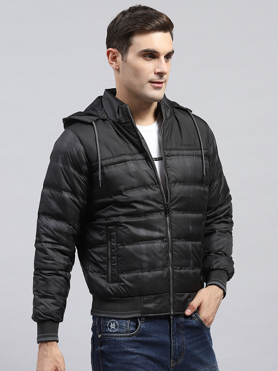 Men Black Self Design Detachable Hood Full Sleeve Jacket