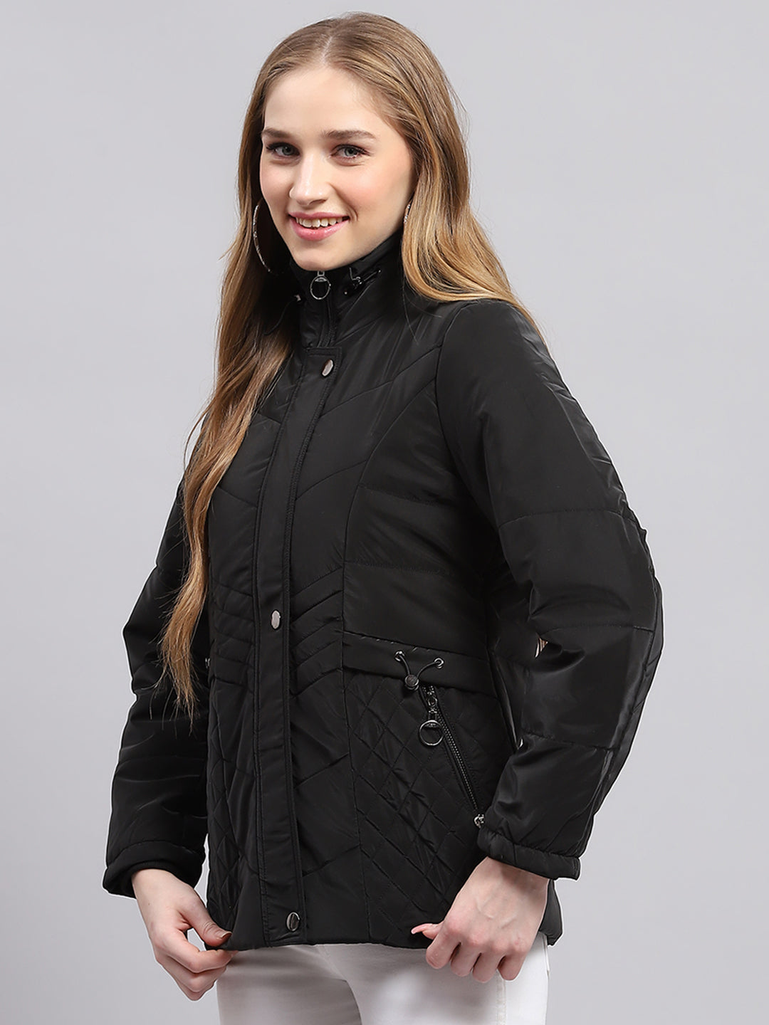 Women Black Self Design Mock Neck Full Sleeve Jacket