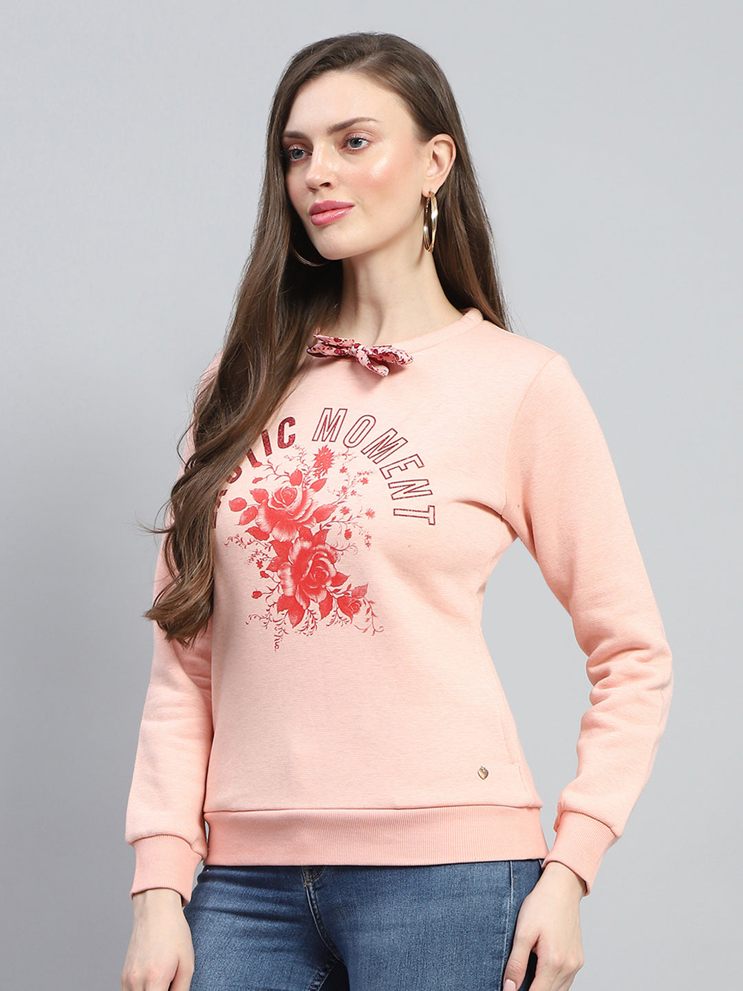 Women Peach Printed Round Neck Full Sleeve Sweatshirt